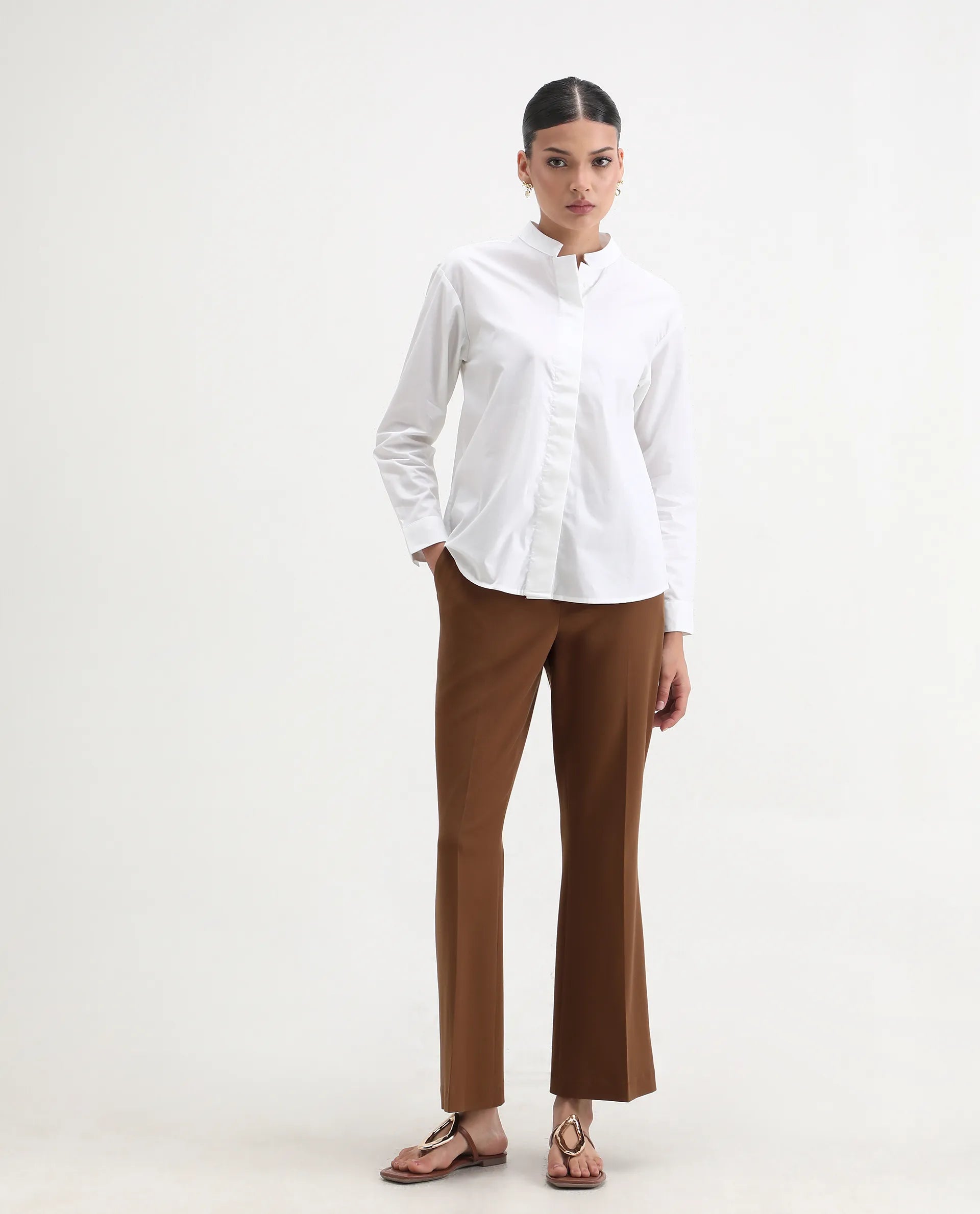 Rareism Women's Neuma White Cotton High Neck Plain Regular Fit Shirt