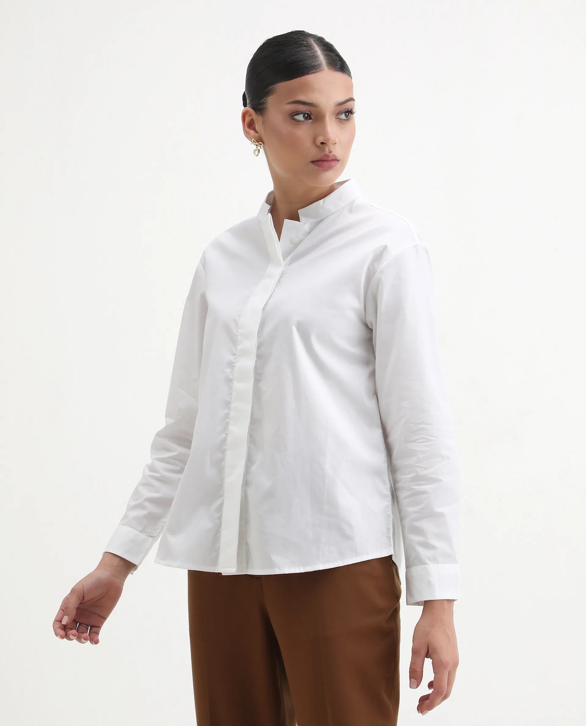 Rareism Women's Neuma White Cotton High Neck Plain Regular Fit Shirt