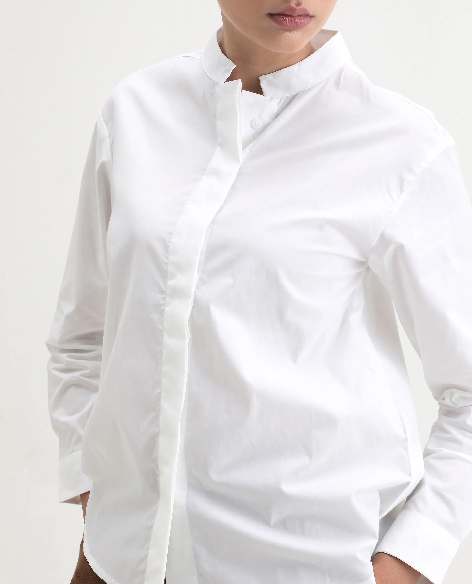 Rareism Women's Neuma White Cotton High Neck Plain Regular Fit Shirt
