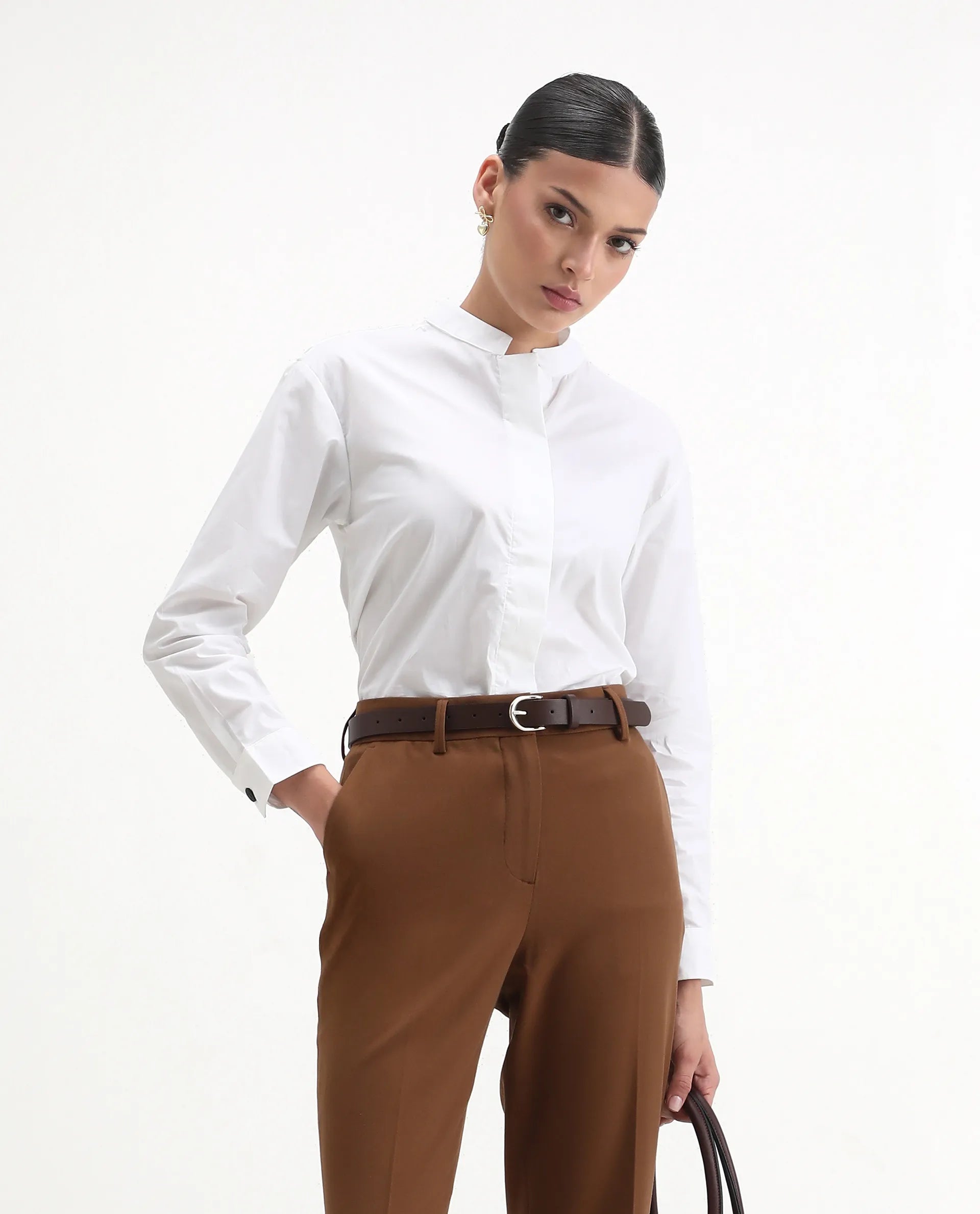 Rareism Women's Neuma White Cotton High Neck Plain Regular Fit Shirt