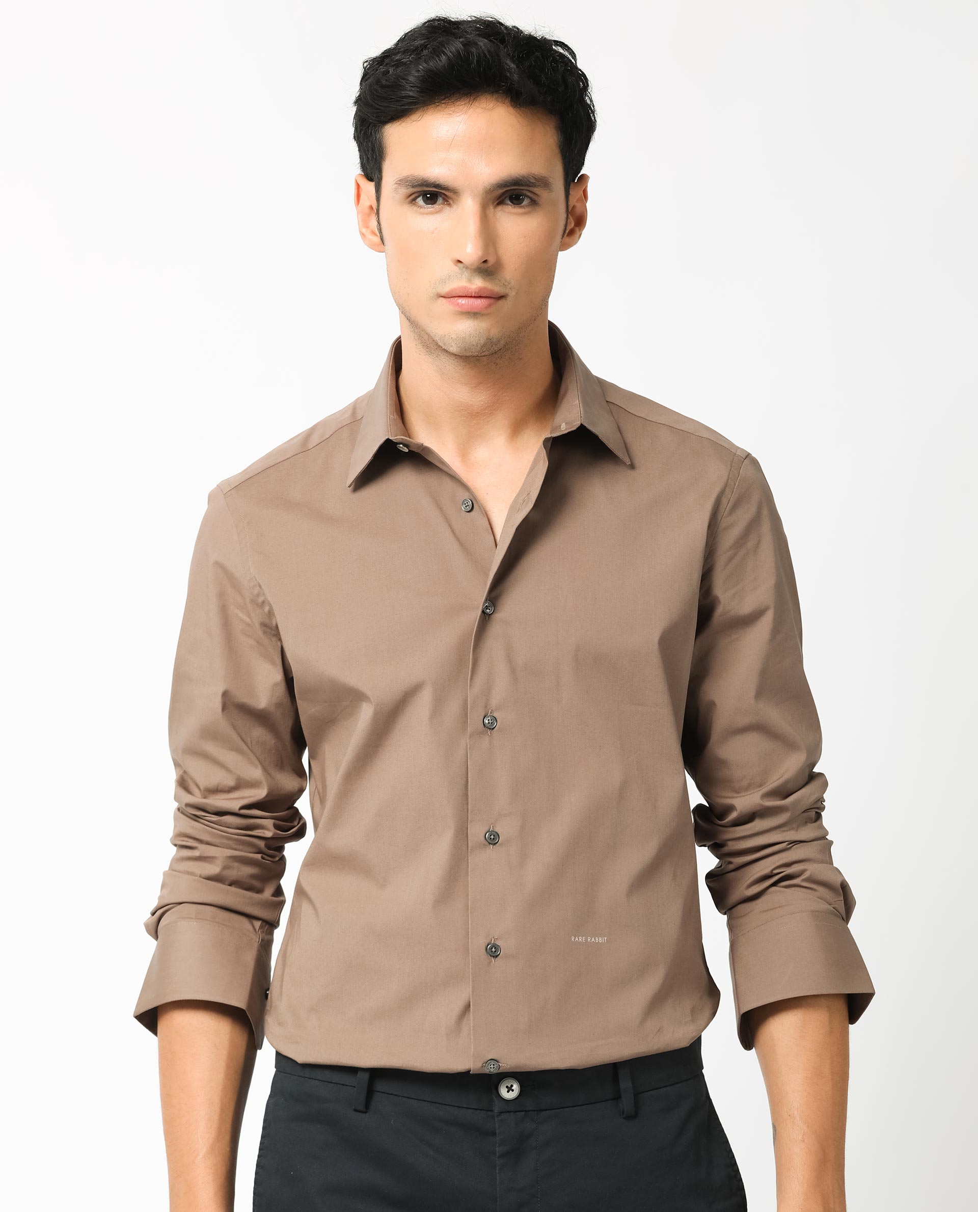 Rare Rabbit Men's Neutonss Brown Full Sleeve Collared Neck Regular Fit Plain Formal Shirt