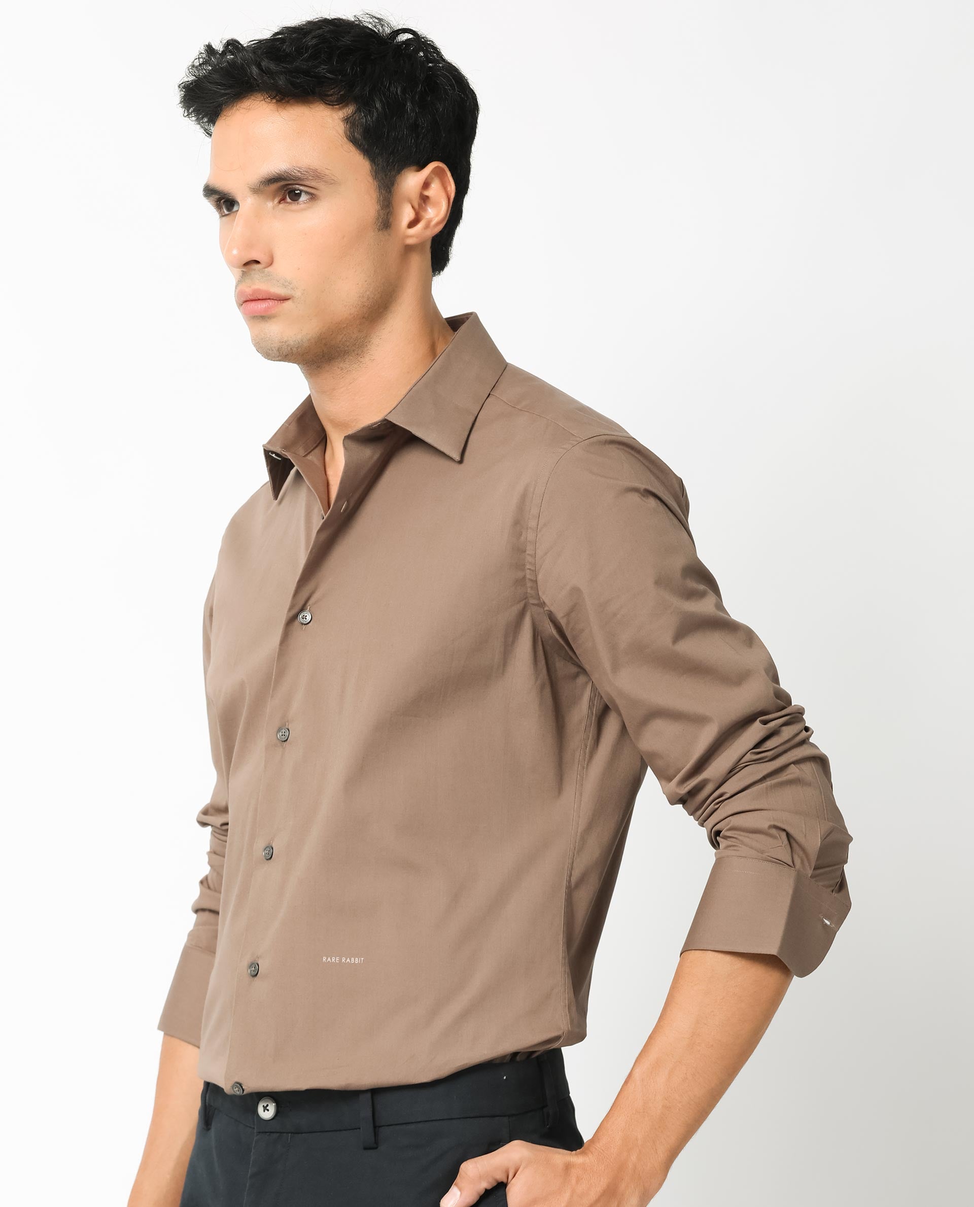 Rare Rabbit Men's Neutonss Brown Full Sleeve Collared Neck Regular Fit Plain Formal Shirt