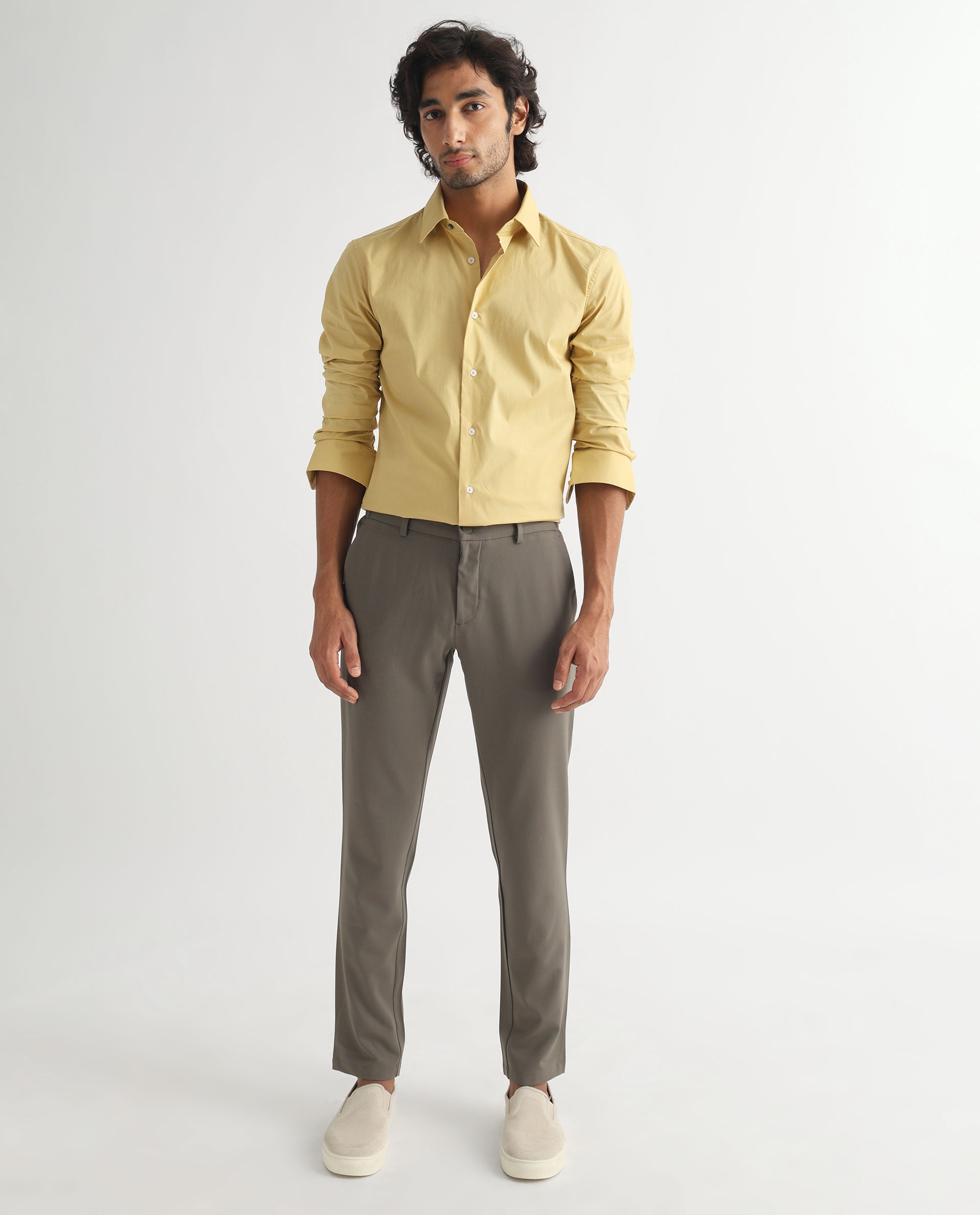 Rare Rabbit Men's Neutons Light Yellow Cotton Lycra Fabric Full Sleeves Solid Shirt