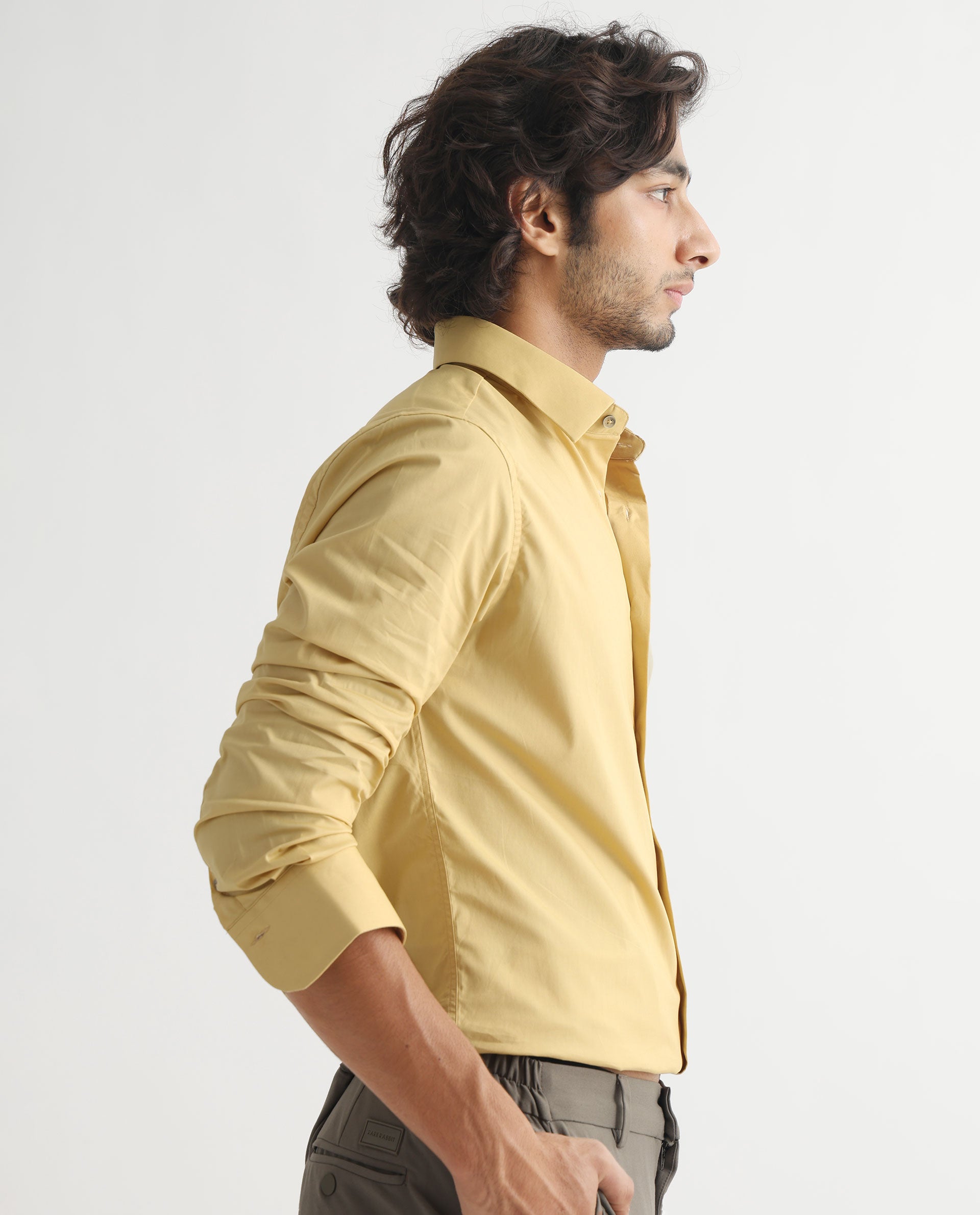 Rare Rabbit Men's Neutons Light Yellow Cotton Lycra Fabric Full Sleeves Solid Shirt
