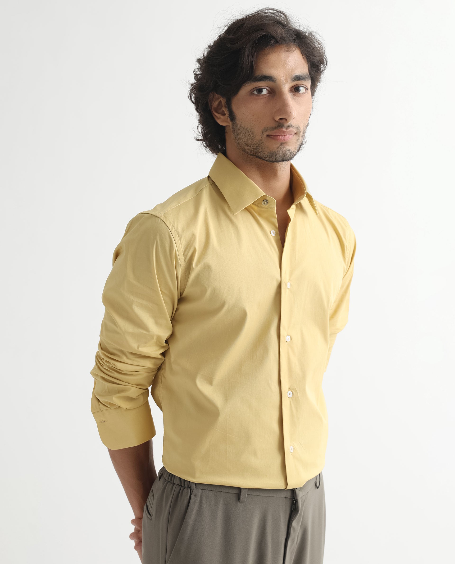 Rare Rabbit Men's Neutons Light Yellow Cotton Lycra Fabric Full Sleeves Solid Shirt
