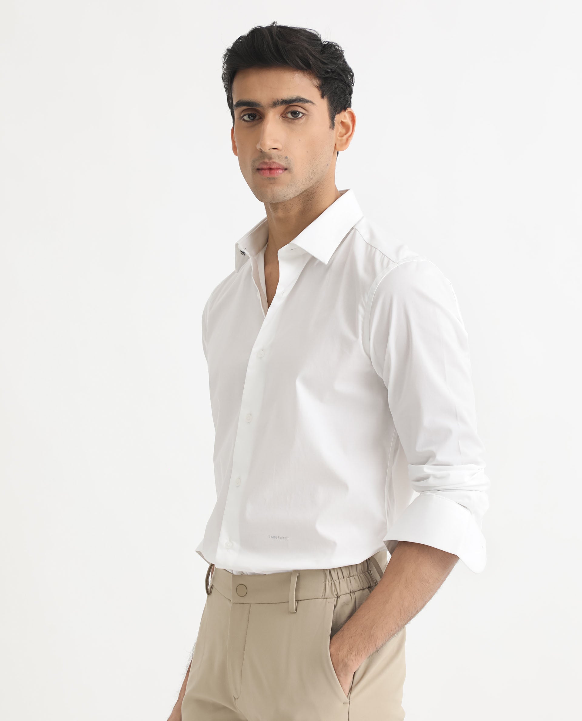 Rare Rabbit Men's Neutons White Cotton Lycra Fabric Full Sleeves Solid Shirt