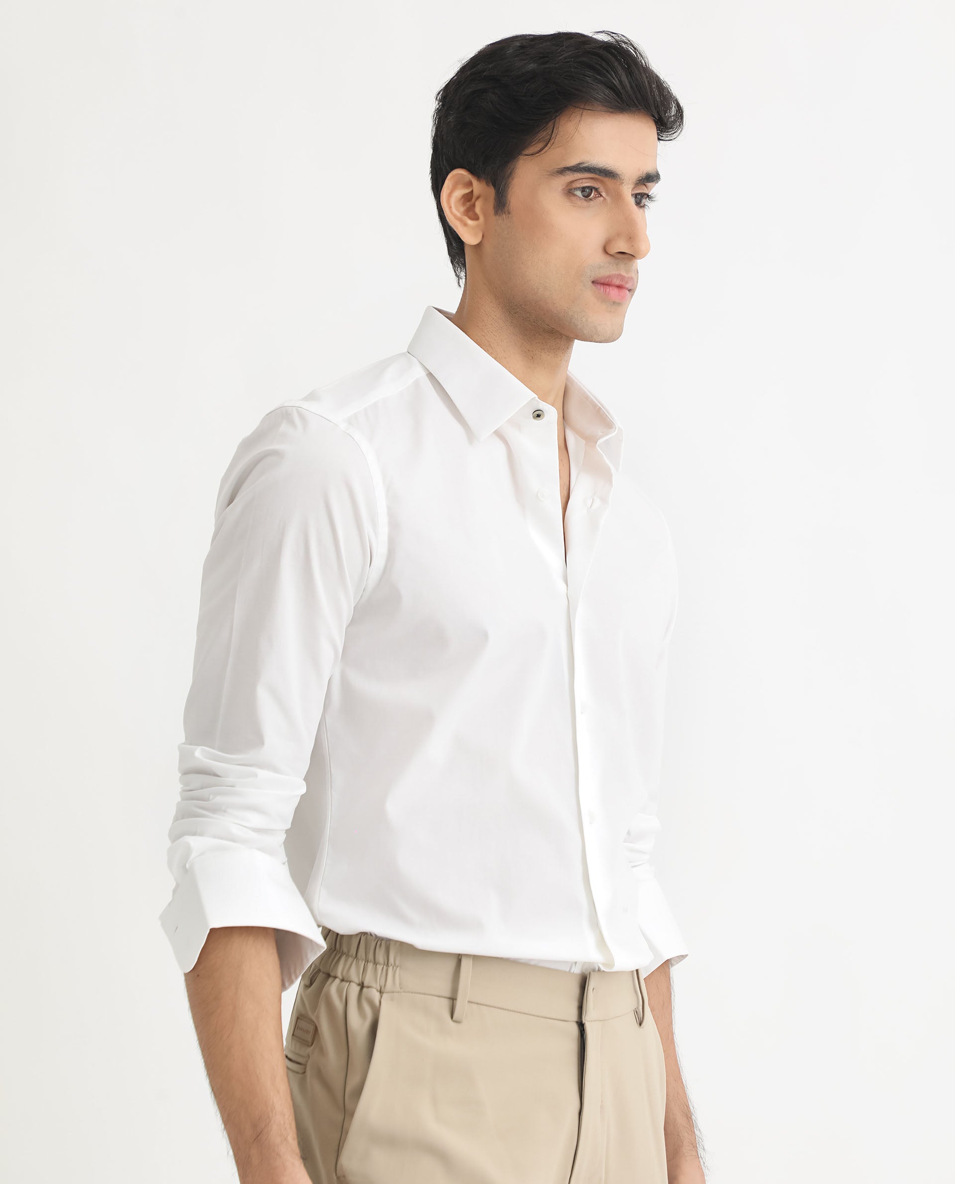 Rare Rabbit Men's Neutons White Cotton Lycra Fabric Full Sleeves Solid Shirt