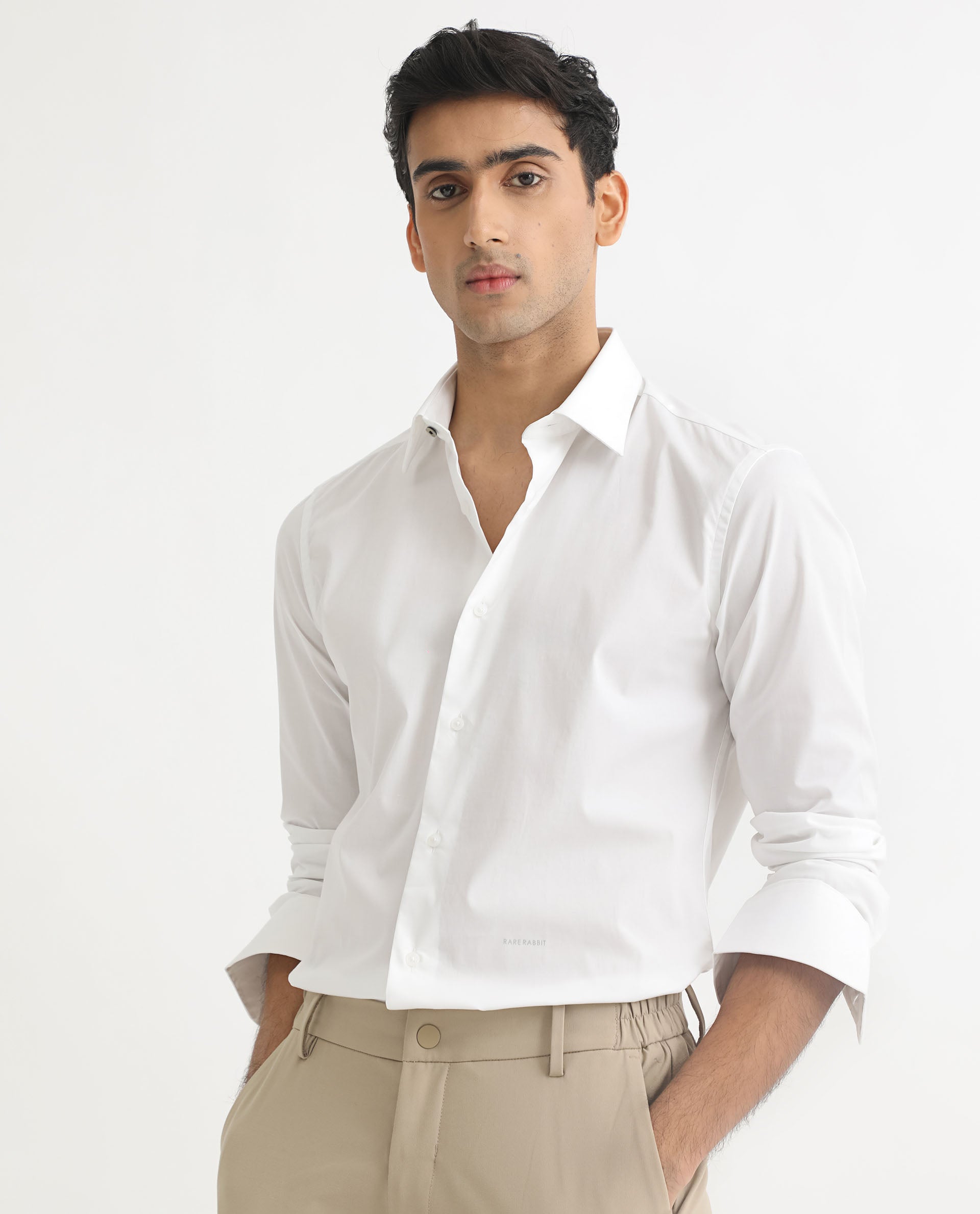 Rare Rabbit Men's Neutons White Cotton Lycra Fabric Full Sleeves Solid Shirt