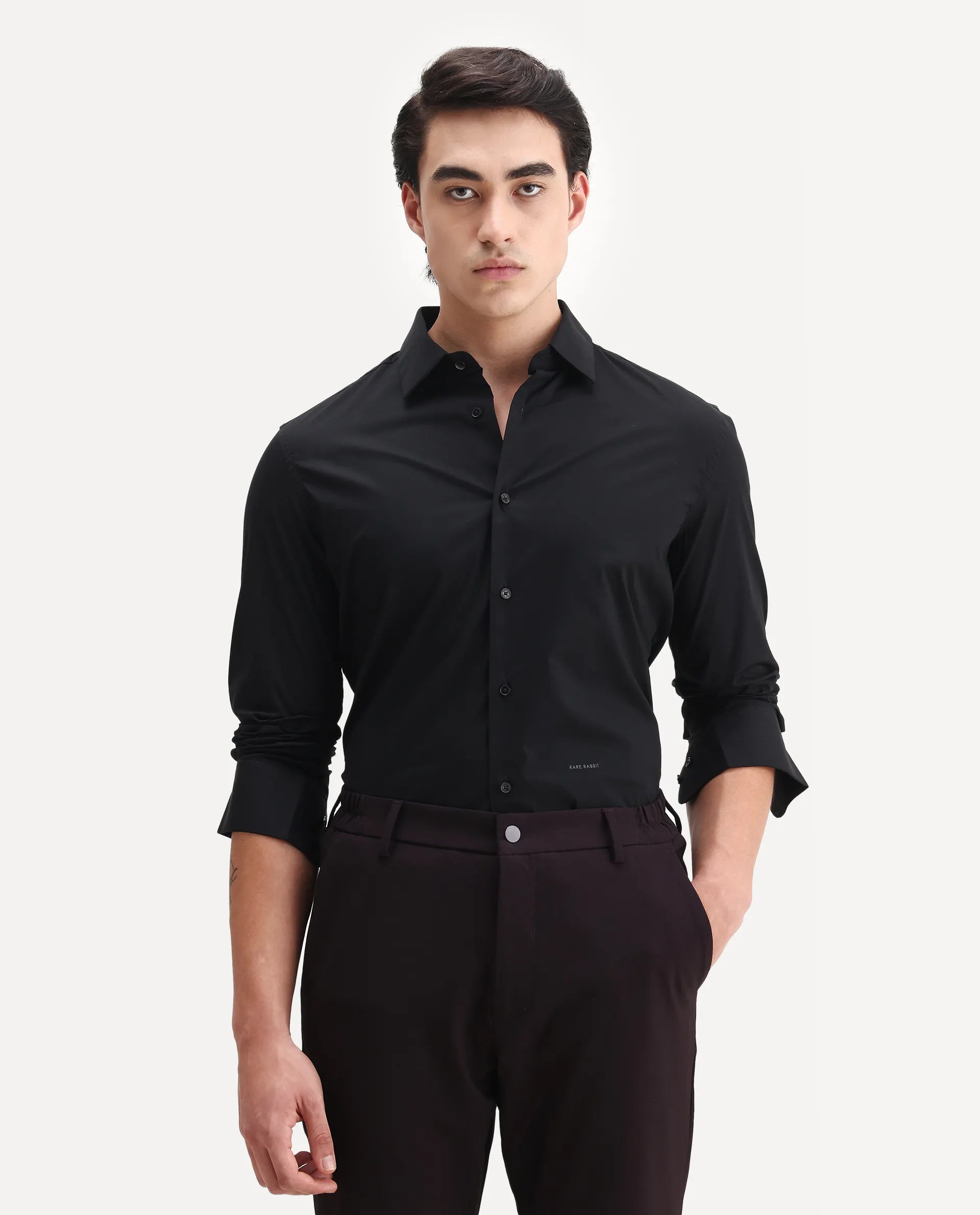 Rare Rabbit Men's Neutron8 Black Cotton Plain Regular Fit Full Sleeve Collared Shirt