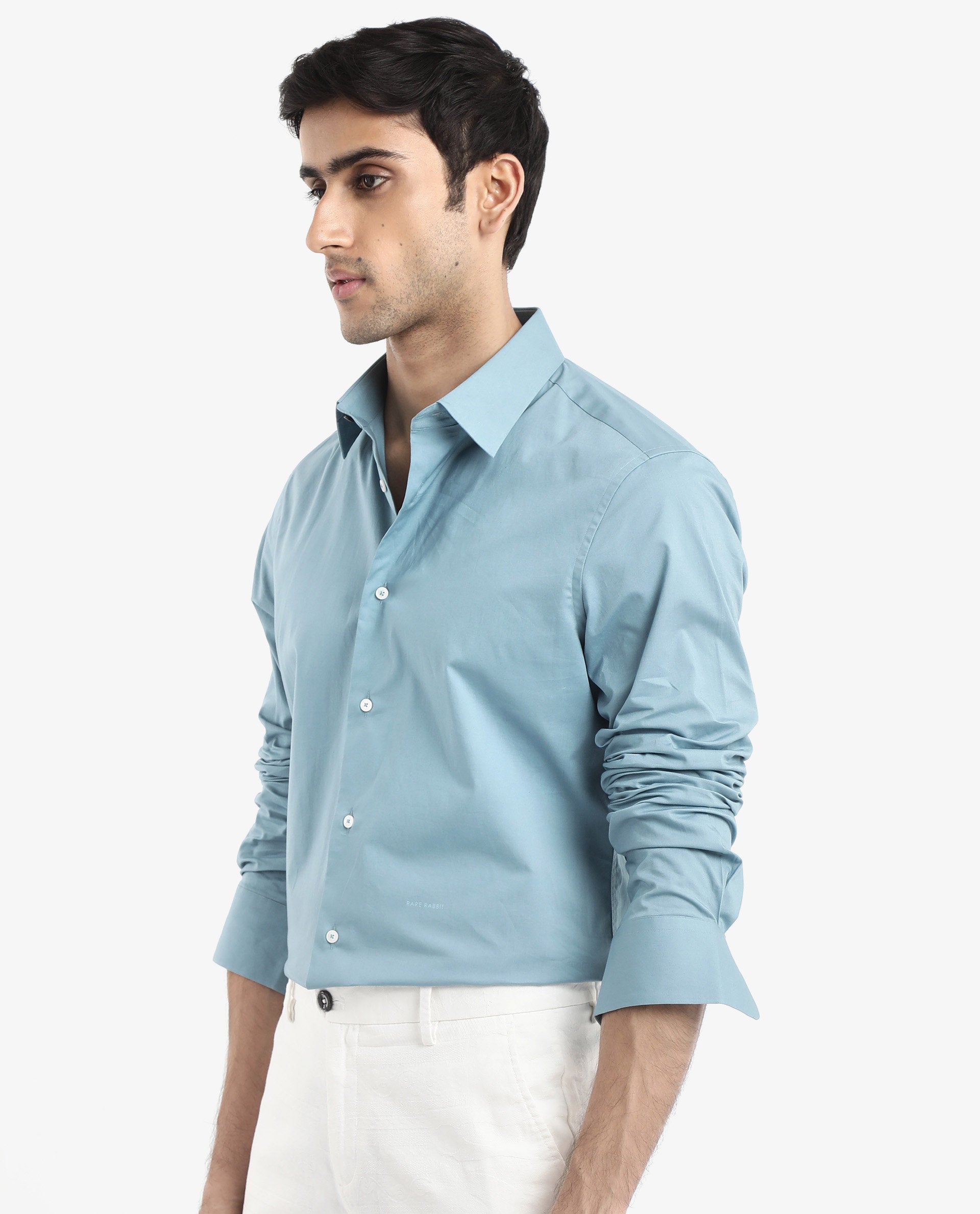 Rare Rabbit Men Neutron-9 Turq Cotton Fabric Full Sleeves Regular Fit Solid Shirt