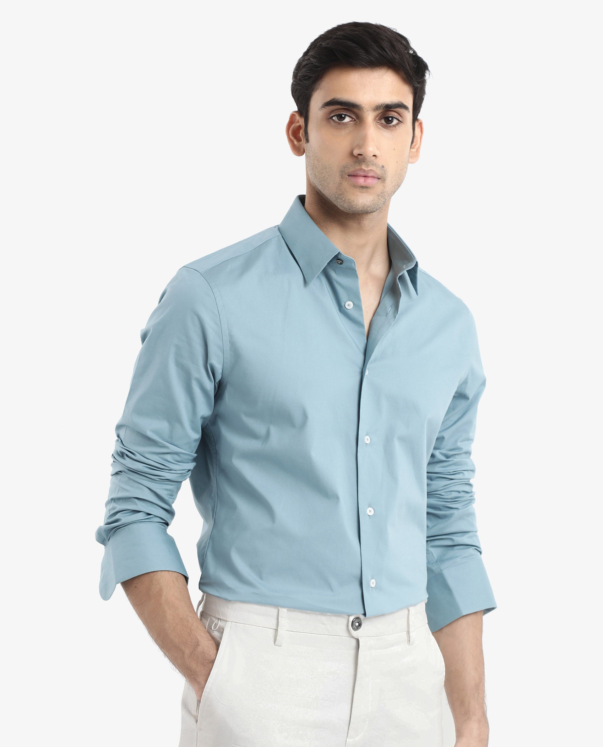 Rare Rabbit Men Neutron-9 Turq Cotton Fabric Full Sleeves Regular Fit Solid Shirt