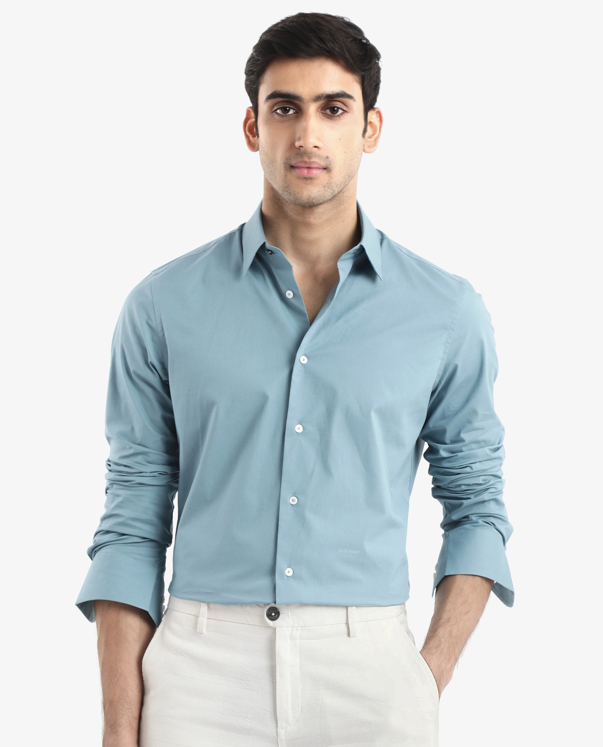 Rare Rabbit Men Neutron-9 Turq Cotton Fabric Full Sleeves Regular Fit Solid Shirt