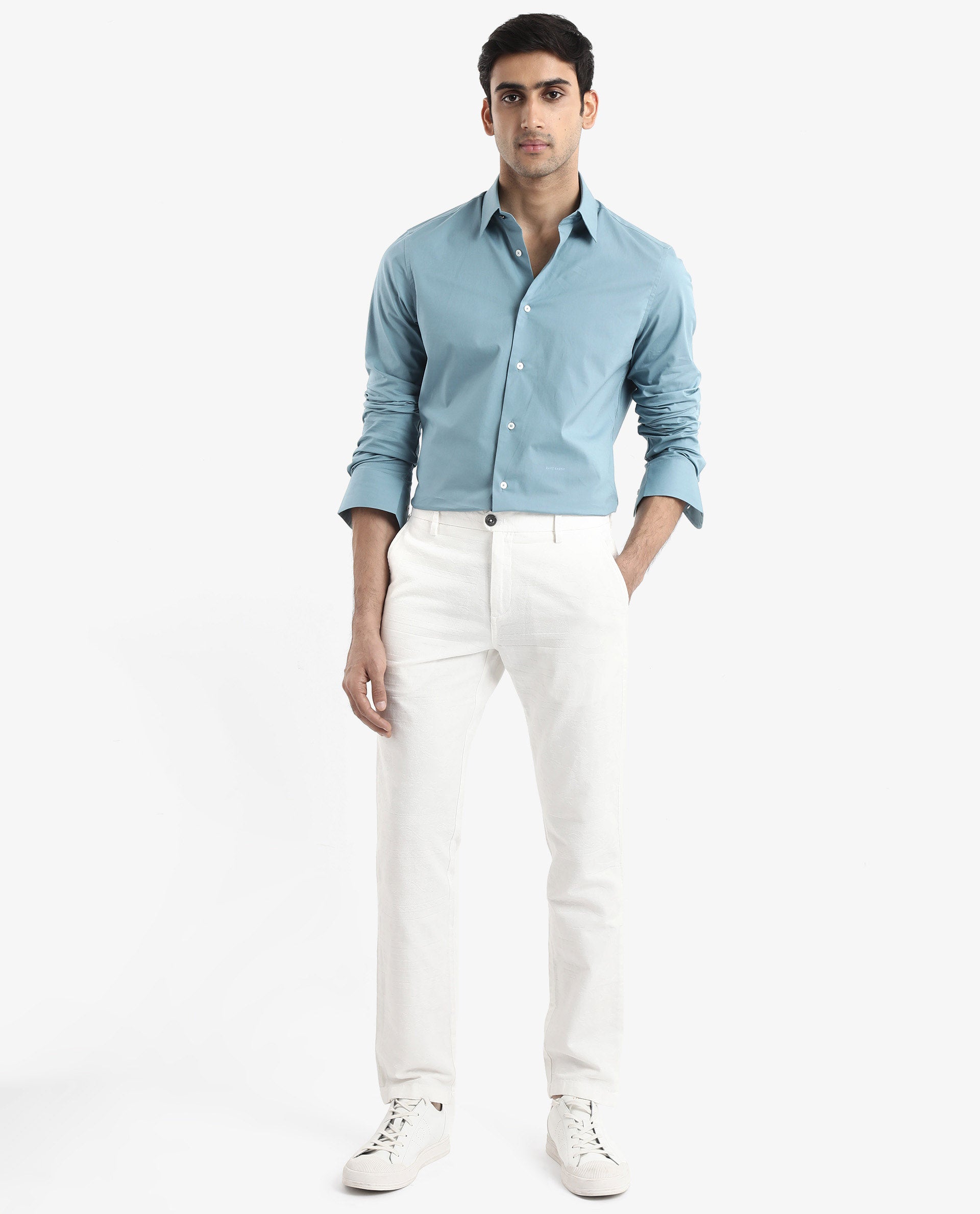 Rare Rabbit Men Neutron-9 Turq Cotton Fabric Full Sleeves Regular Fit Solid Shirt