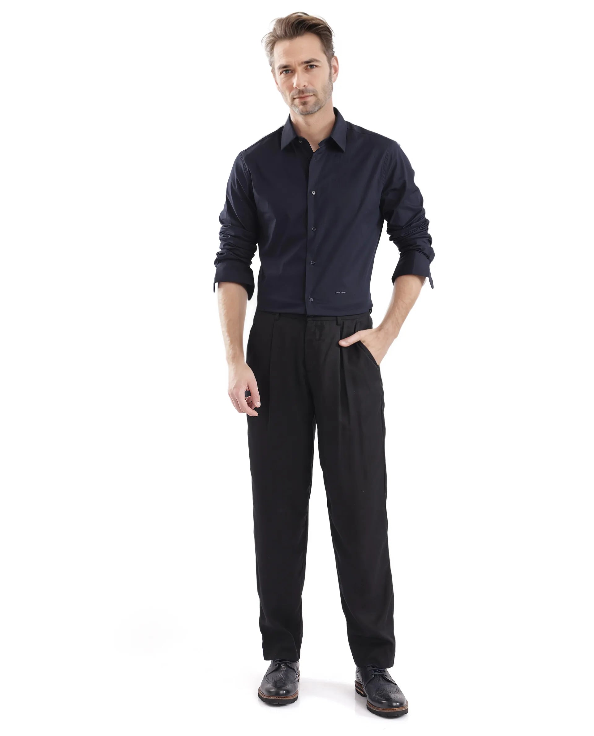 Rare Rabbit Men Neutron-Uni Navy Full Sleeve Collared Neck Button Closure Regular Fit Plain Shirt