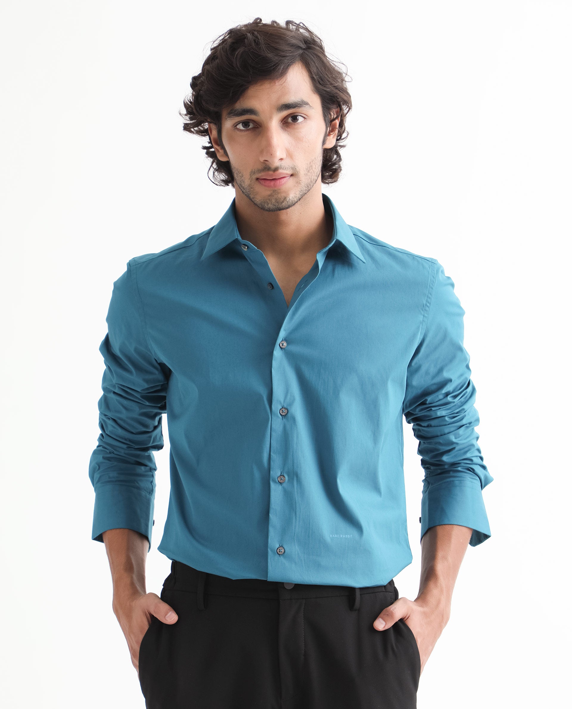 Rare Rabbit Men's Neutronss Petrol Cotton Polyester Fabric Full Sleeves Solid Shirt