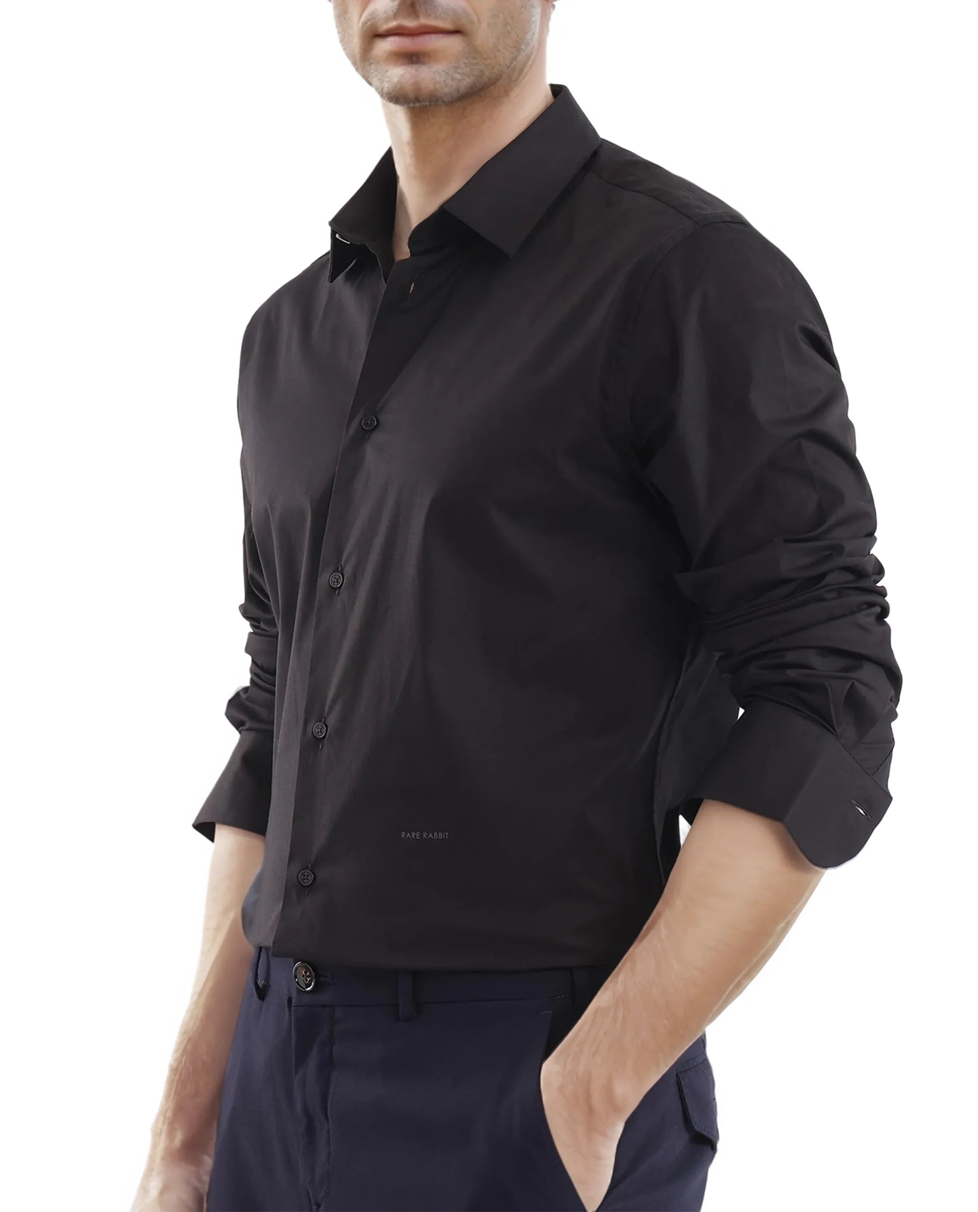Rare Rabbit Men Neutron-Uni Black Cotton Spandex Blend Fabric Full Sleeves Regular Fit Solid Shirt
