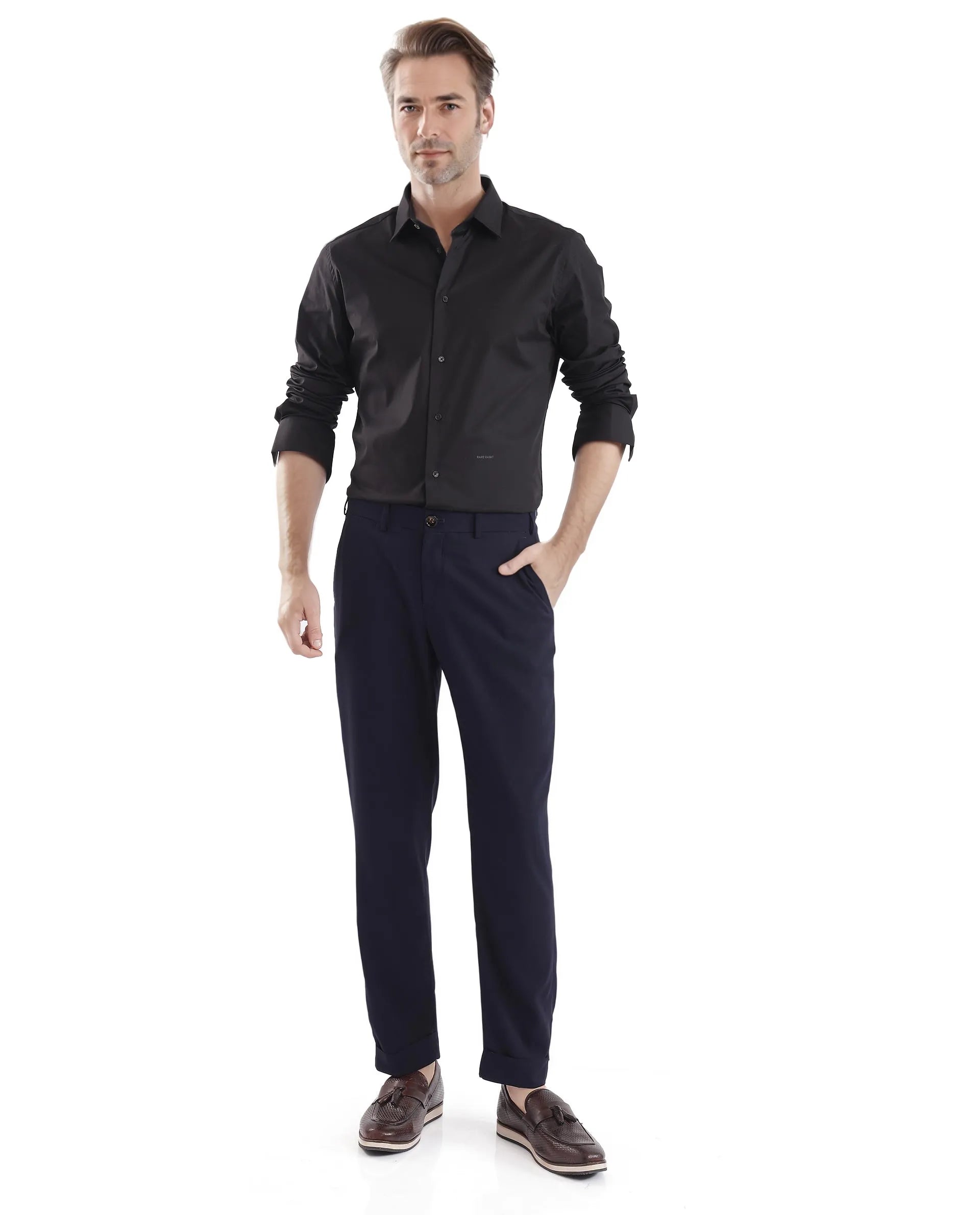 Rare Rabbit Men Neutron-Uni Black Cotton Spandex Blend Fabric Full Sleeves Regular Fit Solid Shirt