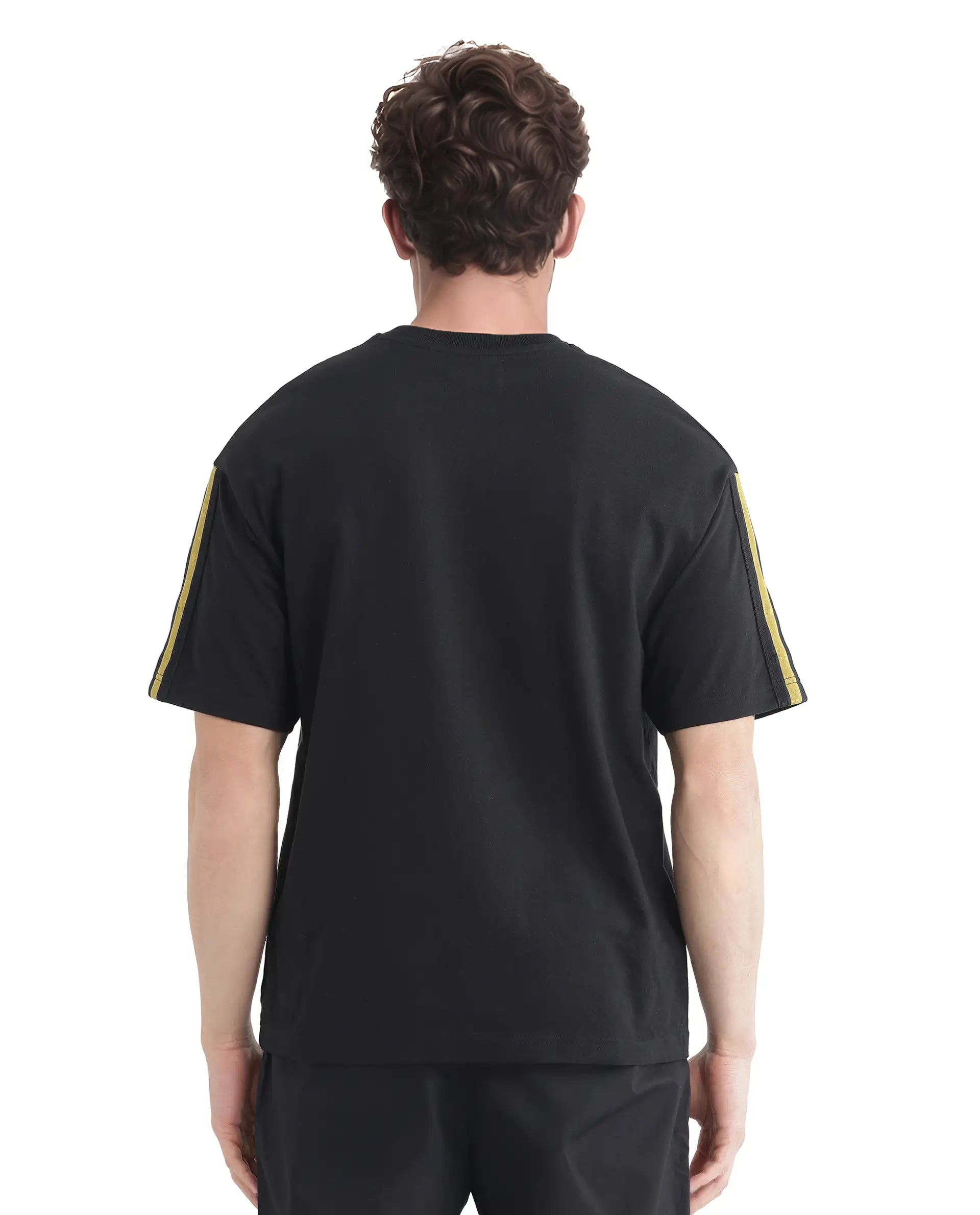 Rare Rabbit Men Newnon-T Black Cotton Fabric Short Sleeves Tape Detailed Boxy Fit Crew Neck Plain T-Shirt