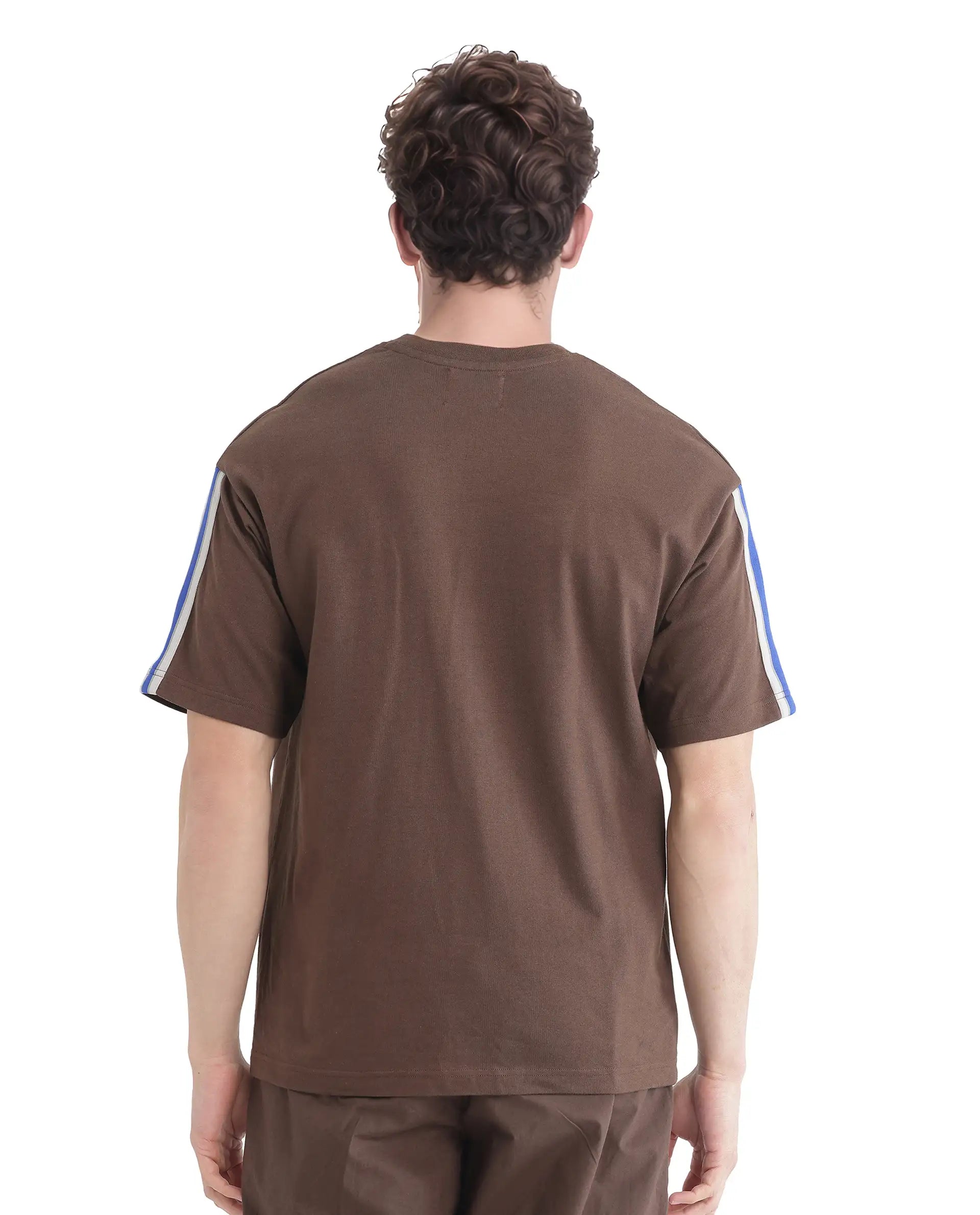 Rare Rabbit Men Newnon-T Brown Cotton Fabric Short Sleeves Tape Detailed Boxy Fit Crew Neck Plain T-Shirt