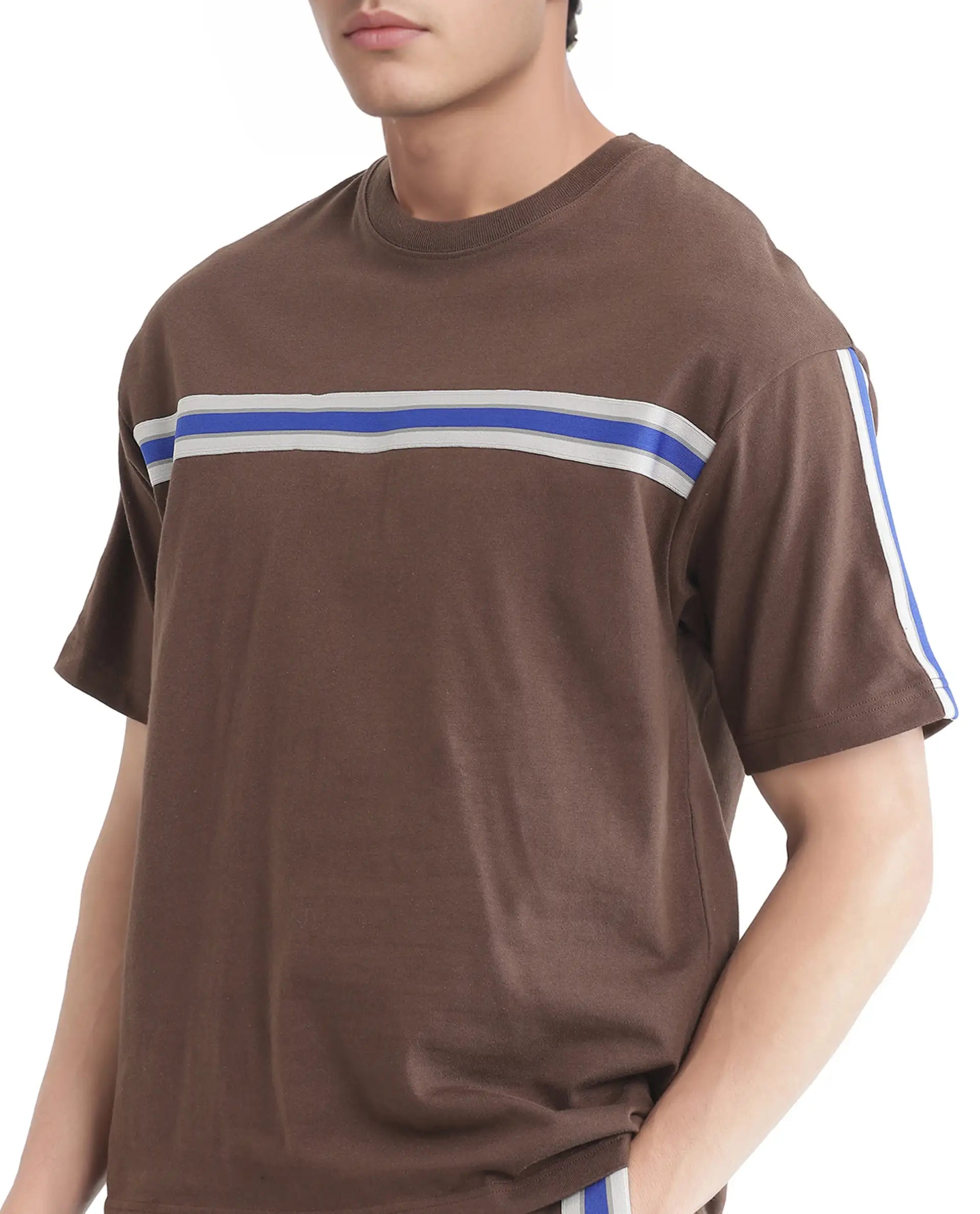 Rare Rabbit Men Newnon-T Brown Cotton Fabric Short Sleeves Tape Detailed Boxy Fit Crew Neck Plain T-Shirt