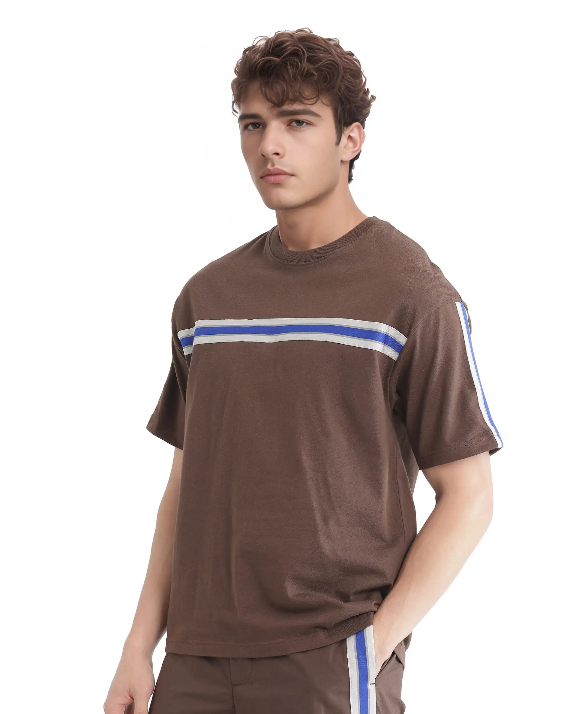 Rare Rabbit Men Newnon-T Brown Cotton Fabric Short Sleeves Tape Detailed Boxy Fit Crew Neck Plain T-Shirt