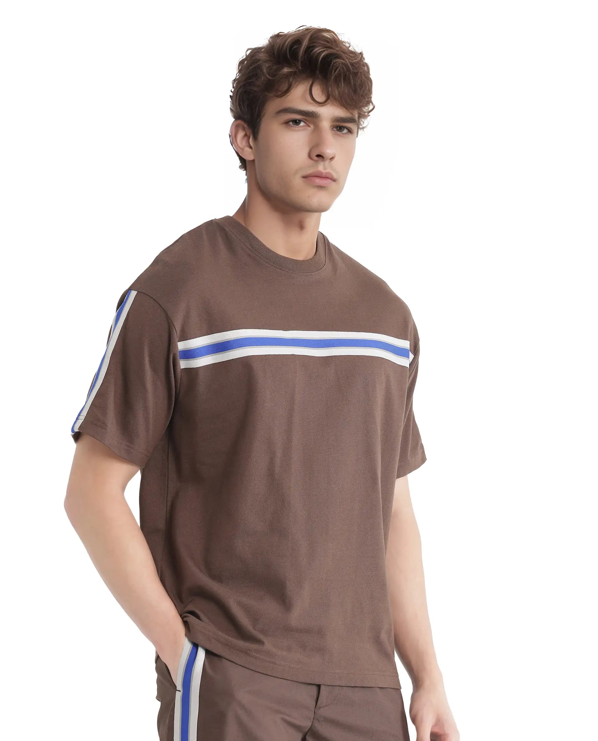 Rare Rabbit Men Newnon-T Brown Cotton Fabric Short Sleeves Tape Detailed Boxy Fit Crew Neck Plain T-Shirt