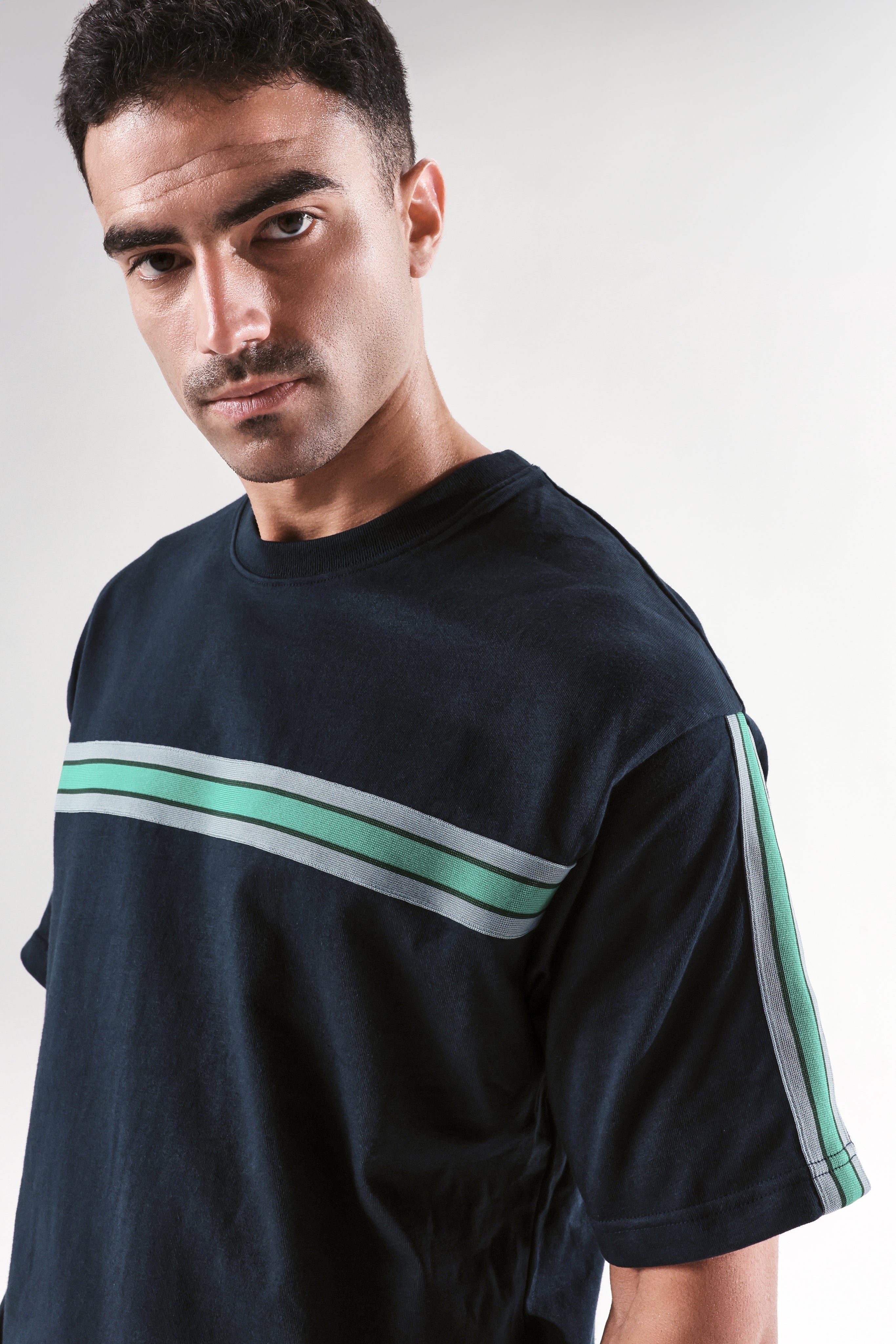 Rare Rabbit Men's Newnon-T Navy Cotton Plain Boxy Fit Half Sleeve Crew Neck T-Shirt