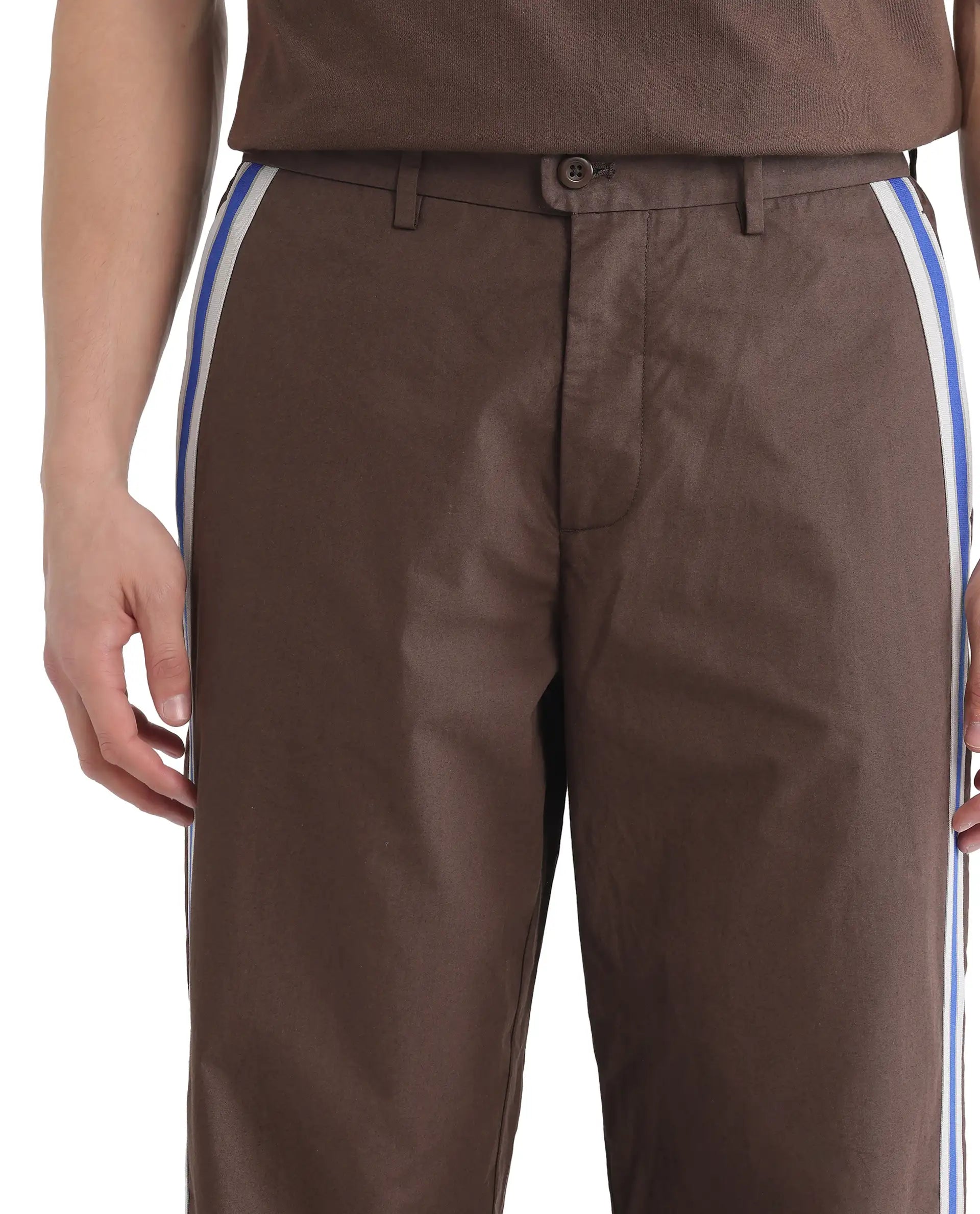 Rare Rabbit Men Newnon Brown Cotton Fabric Mid Rise Baggy Fit Side Slit with Snap Button Closure Tape Detailing Track Pant