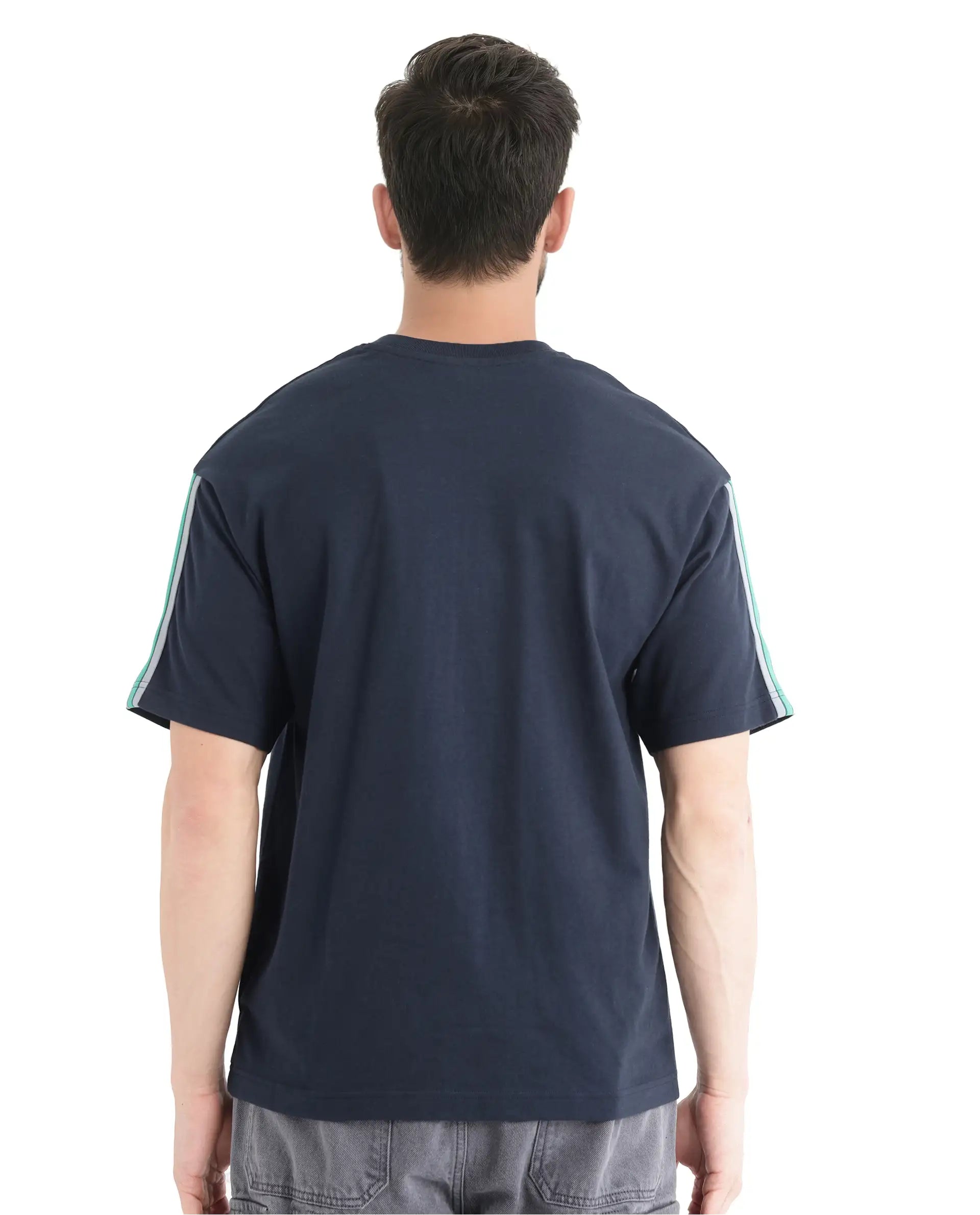 Rare Rabbit Men's Newnon-T Navy Cotton Plain Boxy Fit Half Sleeve Crew Neck T-Shirt