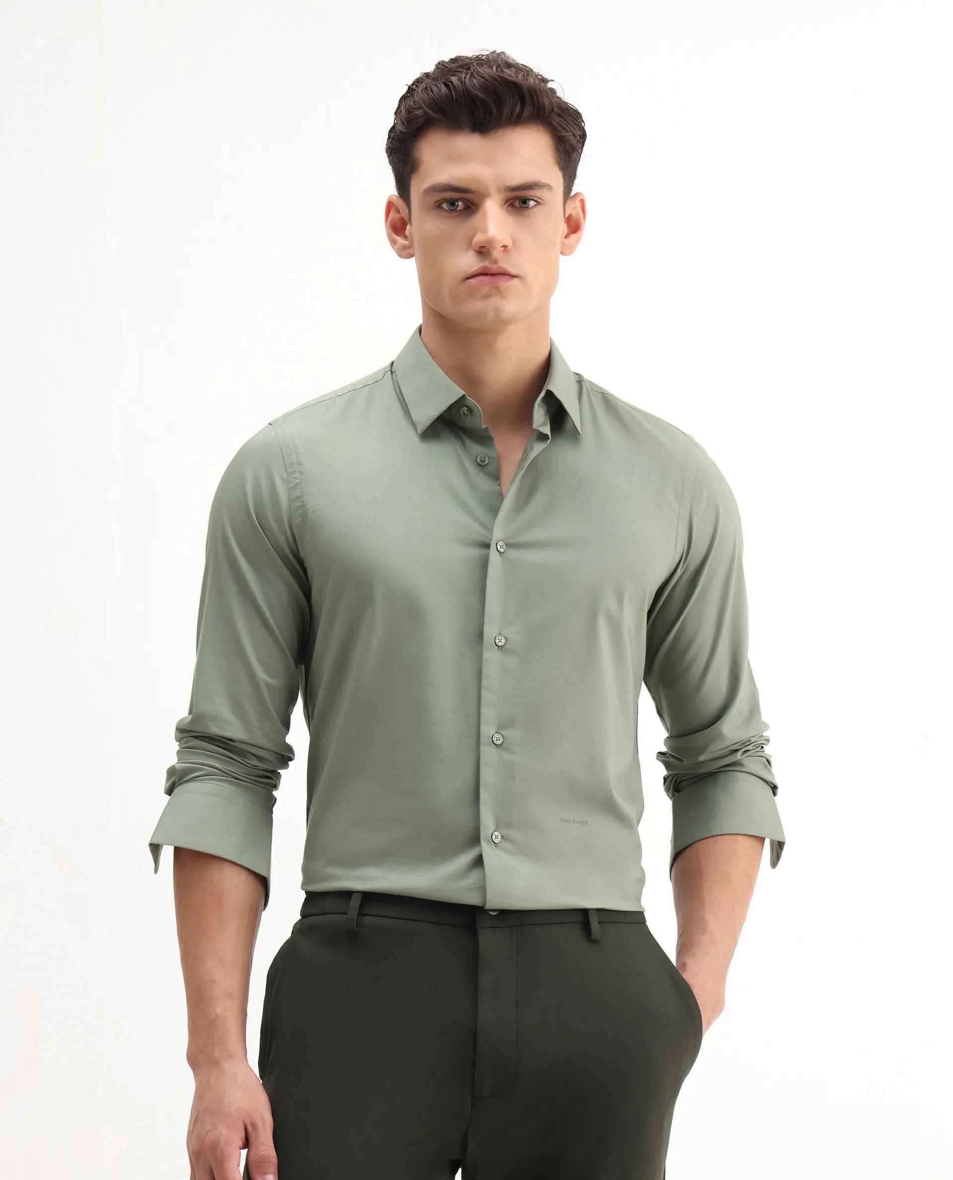 Rare Rabbit Men's Newton 25 Olive Cotton Blend Plain Regular Fit Full Sleeve Collared Shirt