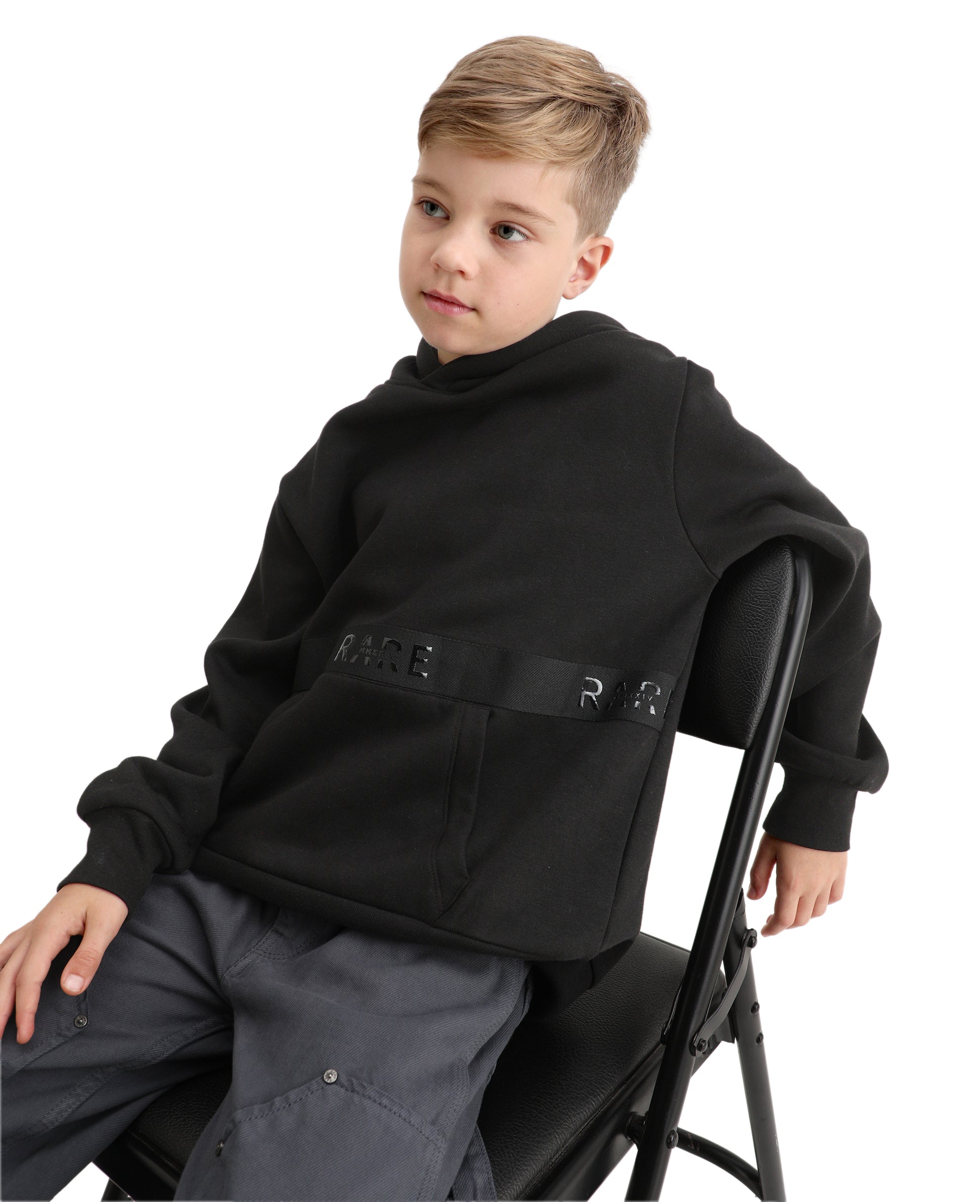Rare Ones Kids Nexa-K Black Cotton Blend Hooded Boxy Fit Sweatshirt