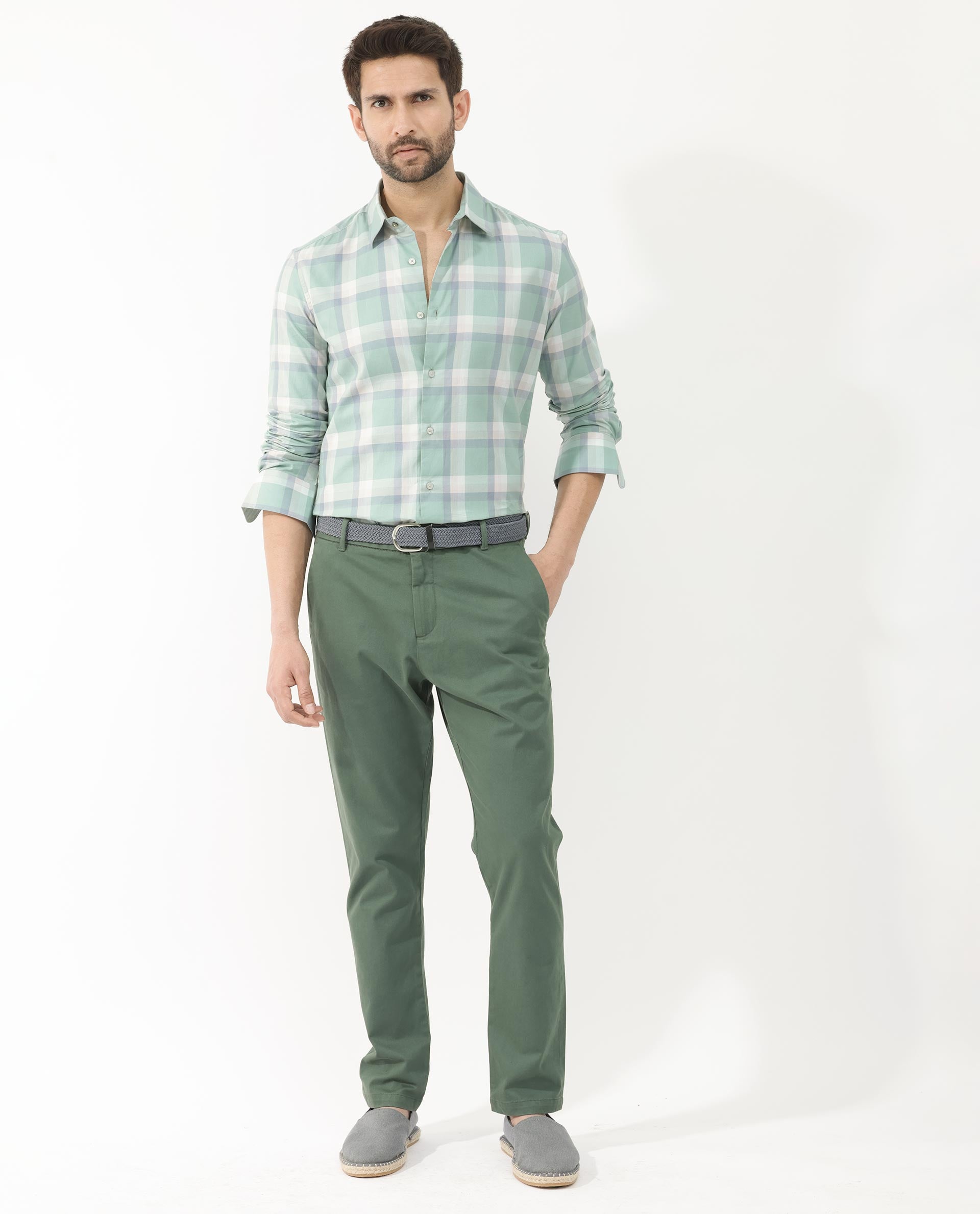 Rare Rabbit Men's Nexi Dusky Green Cotton Full Sleeve Checks Shirt