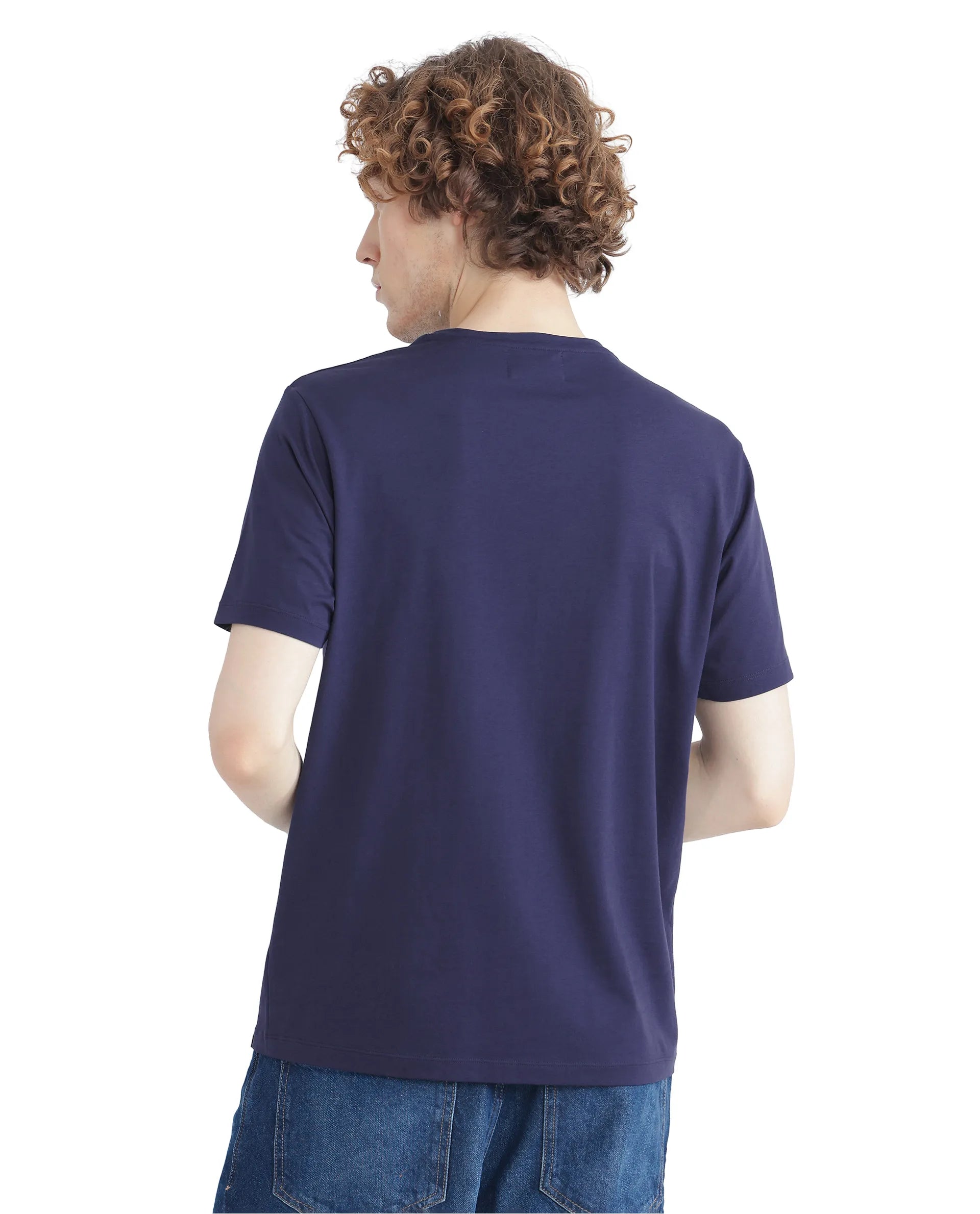 Rare Rabbit Men Nexi Blue Cotton Blend Fabric Short Sleeve Crew Neck HD Print Logo T-Shirt