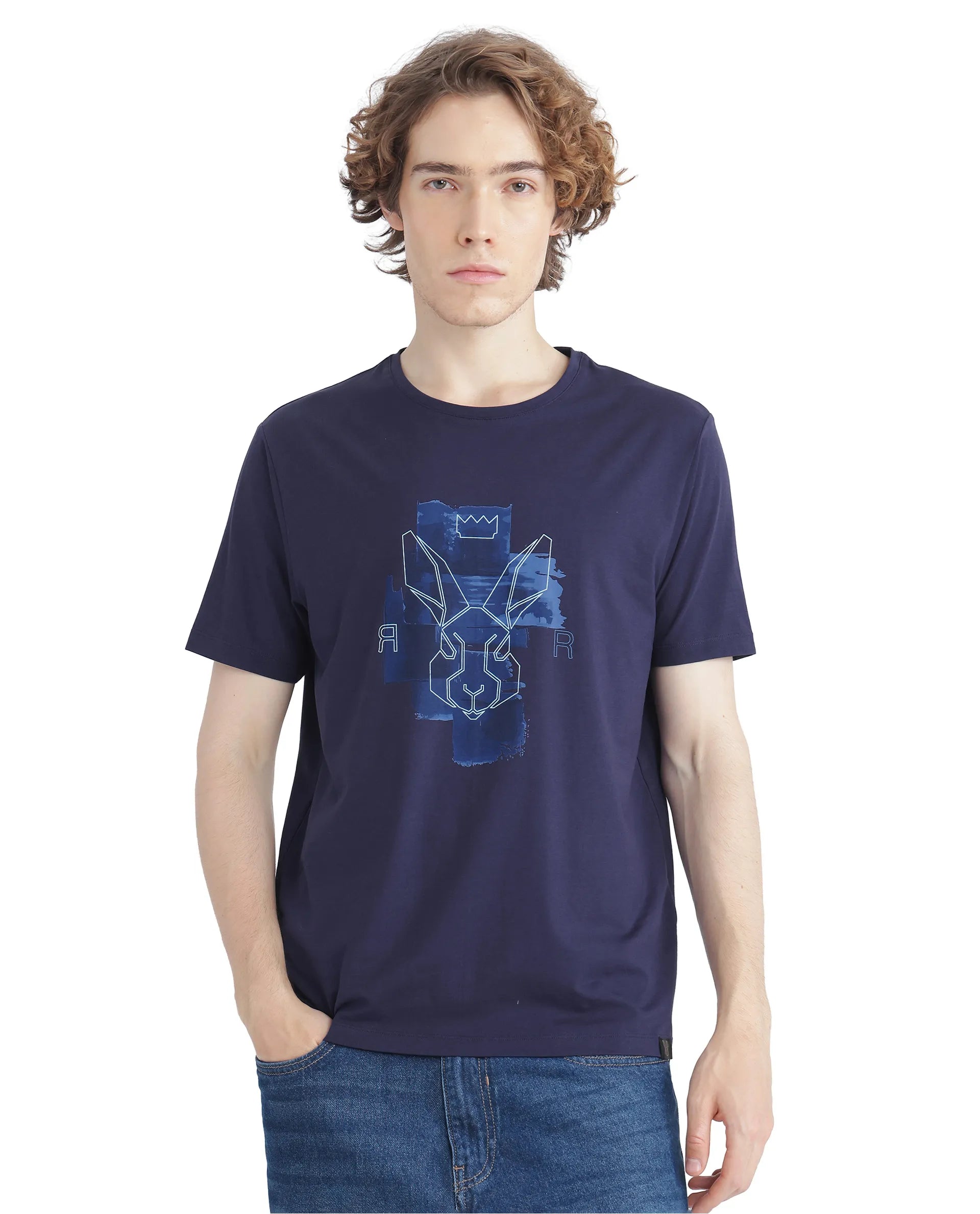 Rare Rabbit Men Nexi Blue Cotton Blend Fabric Short Sleeve Crew Neck HD Print Logo T-Shirt