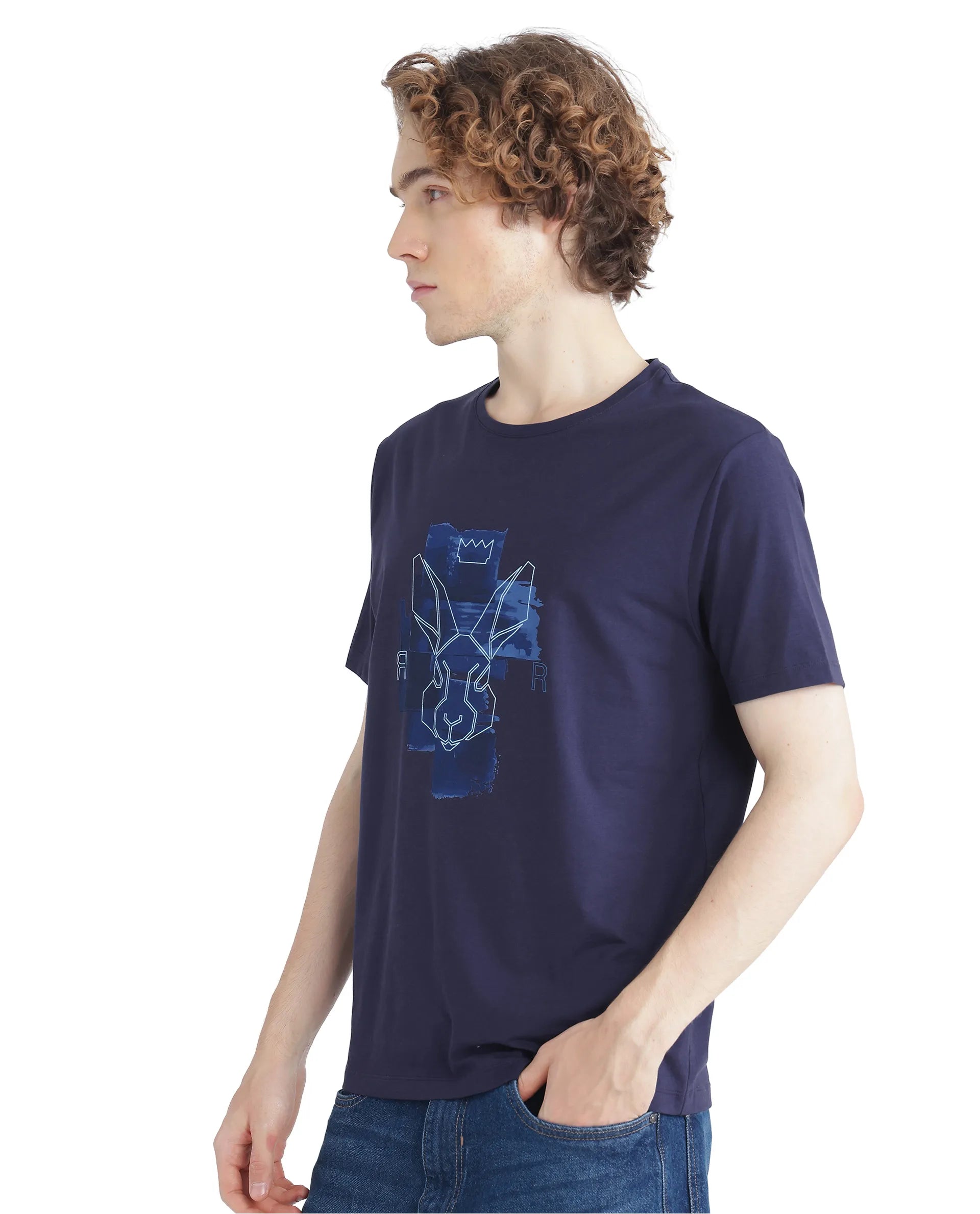 Rare Rabbit Men Nexi Blue Cotton Blend Fabric Short Sleeve Crew Neck HD Print Logo T-Shirt