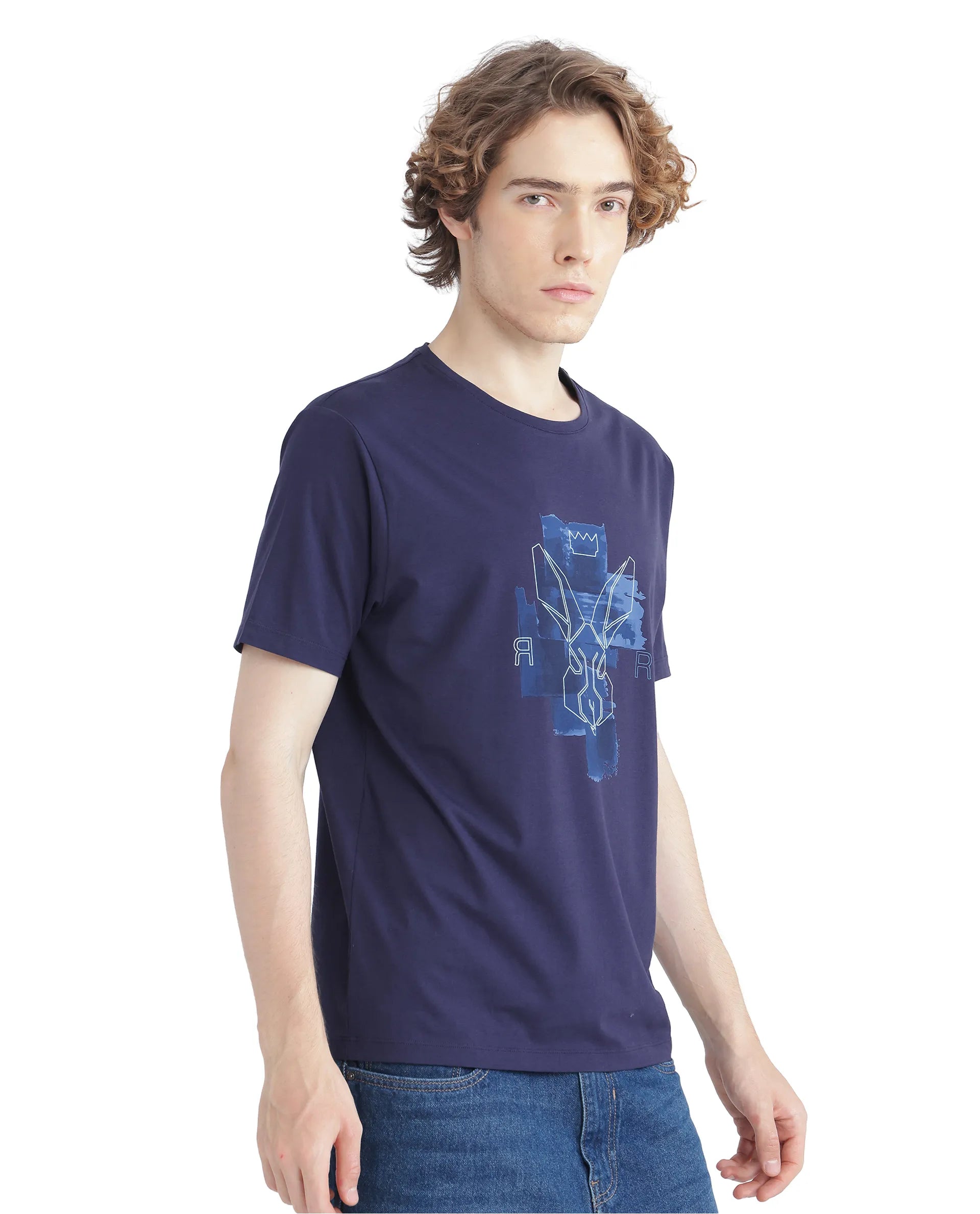 Rare Rabbit Men Nexi Blue Cotton Blend Fabric Short Sleeve Crew Neck HD Print Logo T-Shirt