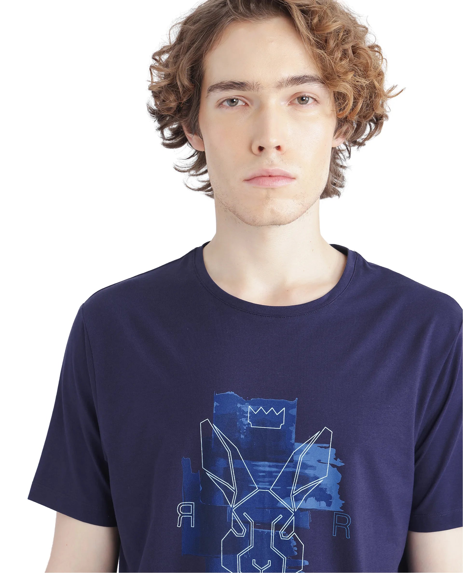 Rare Rabbit Men Nexi Blue Cotton Blend Fabric Short Sleeve Crew Neck HD Print Logo T-Shirt