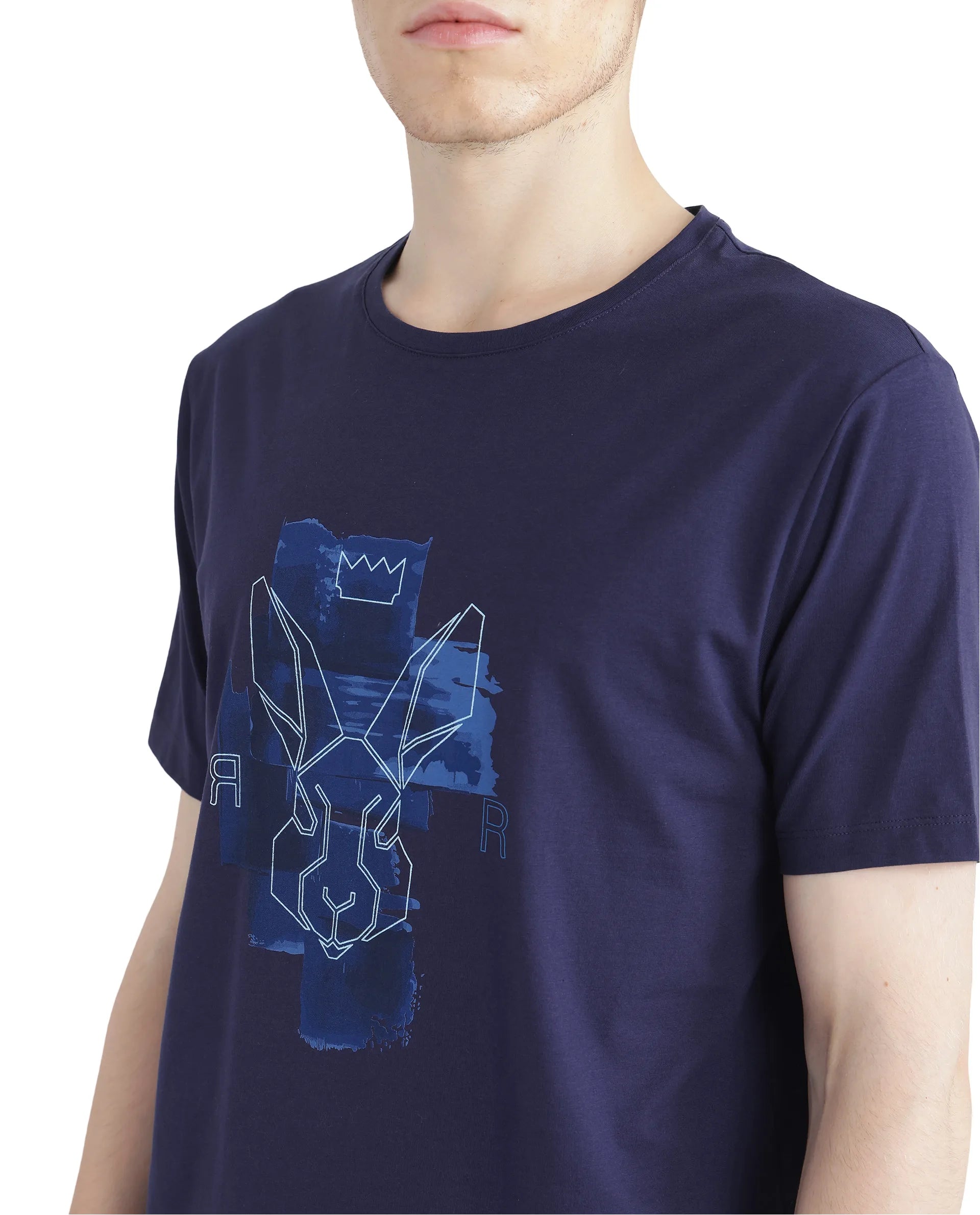 Rare Rabbit Men Nexi Blue Cotton Blend Fabric Short Sleeve Crew Neck HD Print Logo T-Shirt