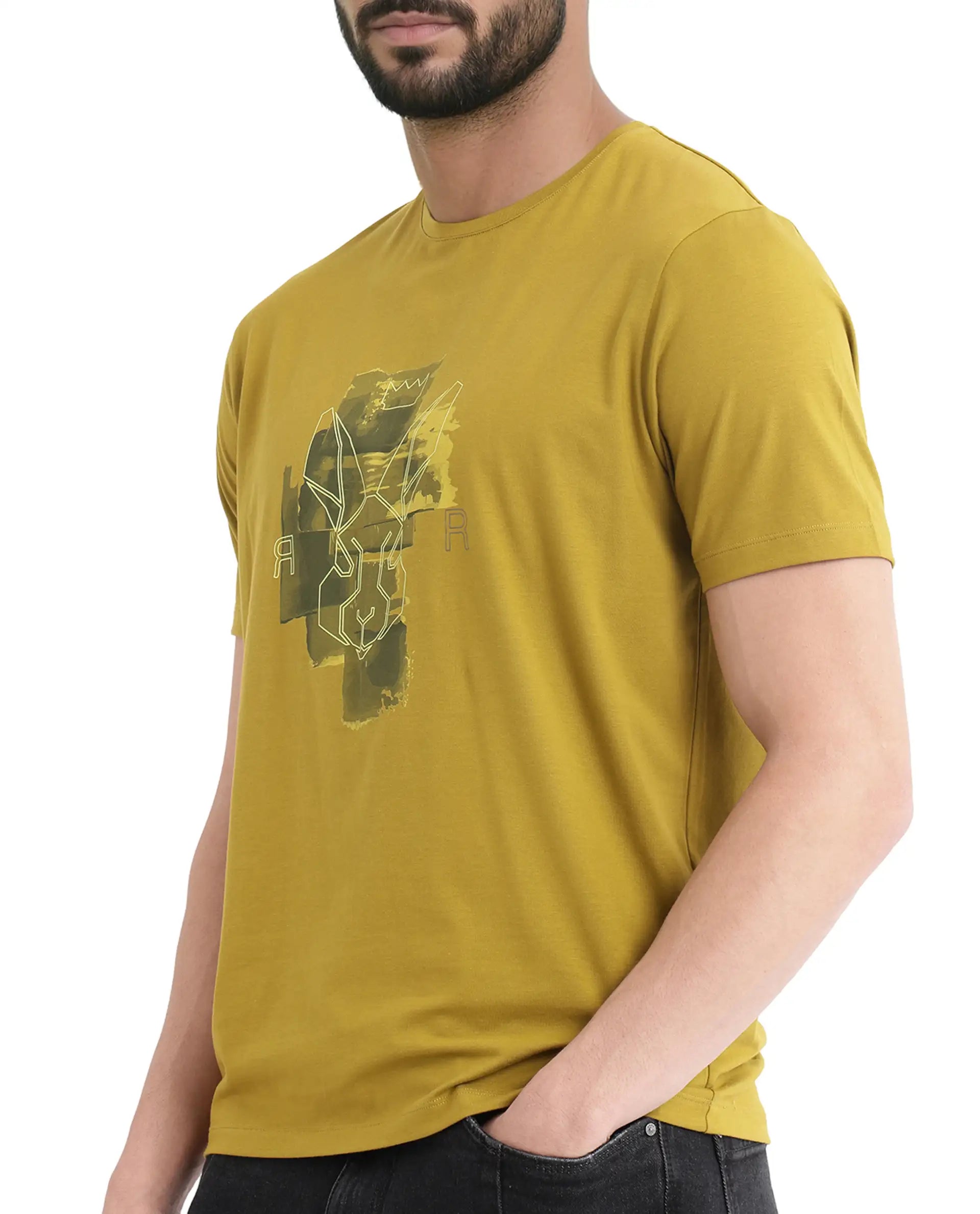 Rare Rabbit Men Nexi Olive Cotton Blend Fabric Short Sleeve Crew Neck HD Print Logo T-Shirt
