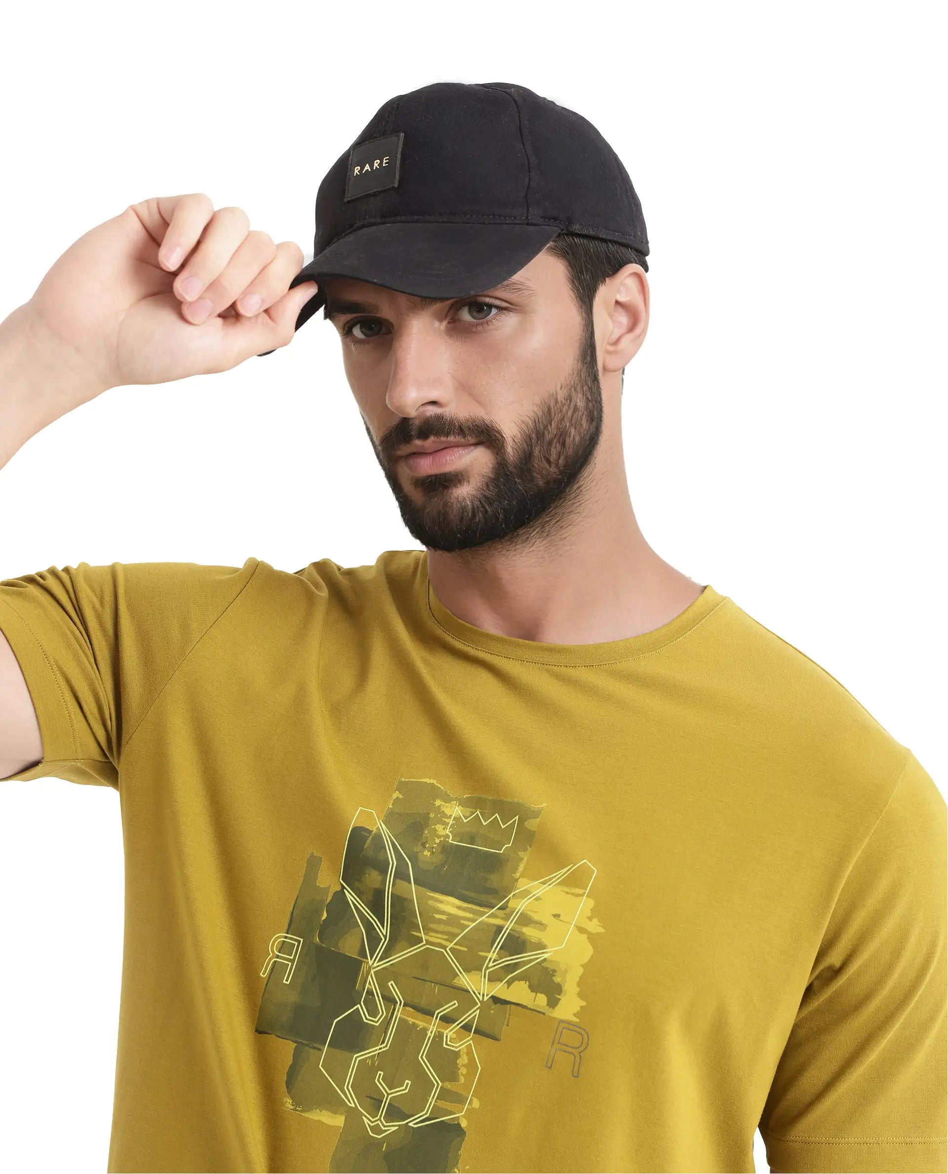 Rare Rabbit Men Nexi Olive Cotton Blend Fabric Short Sleeve Crew Neck HD Print Logo T-Shirt