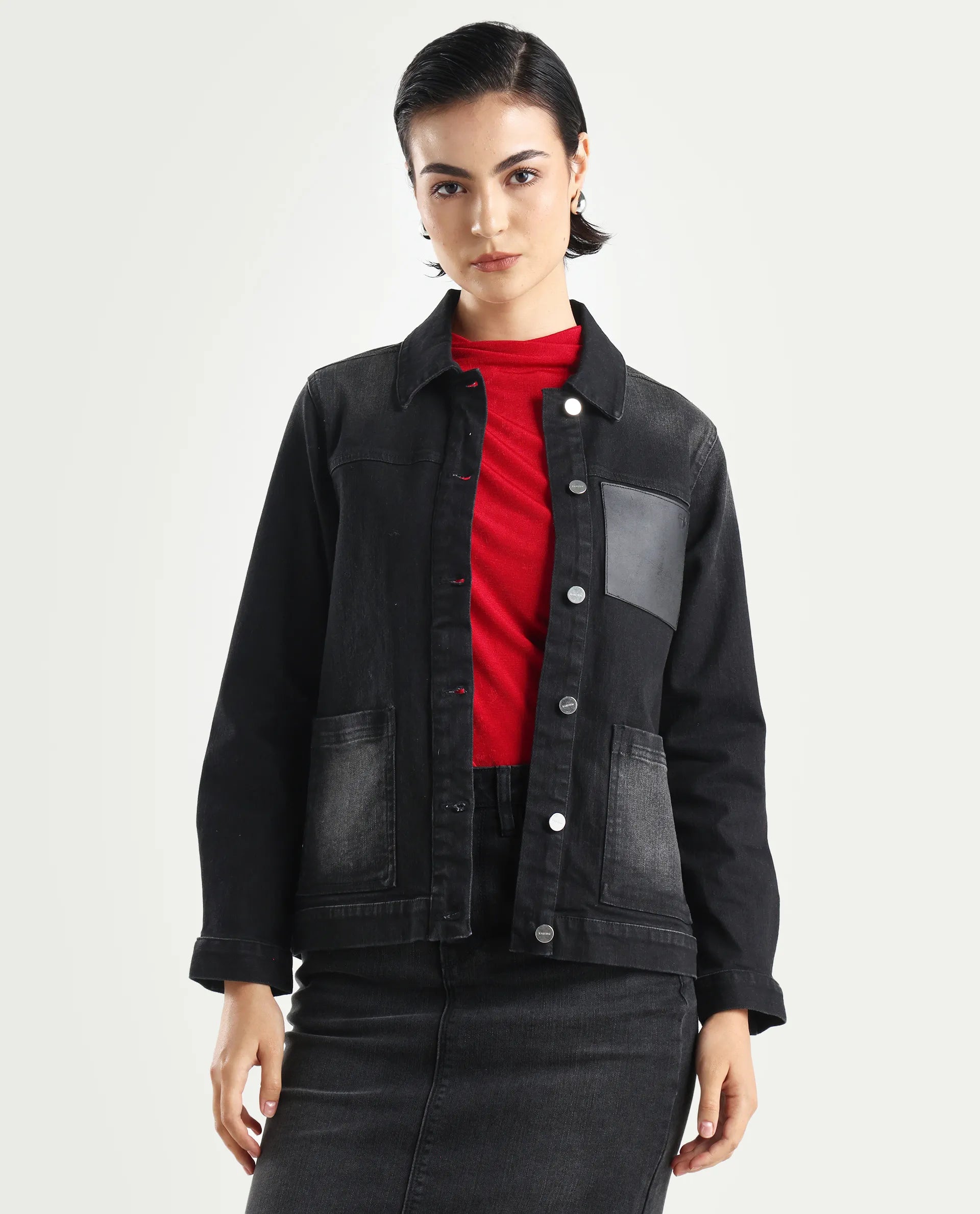 Rareism Women's Nexus Black Cotton Blend Spread Collar Plain Cuffed Sleeve Boxy Fit Jacket