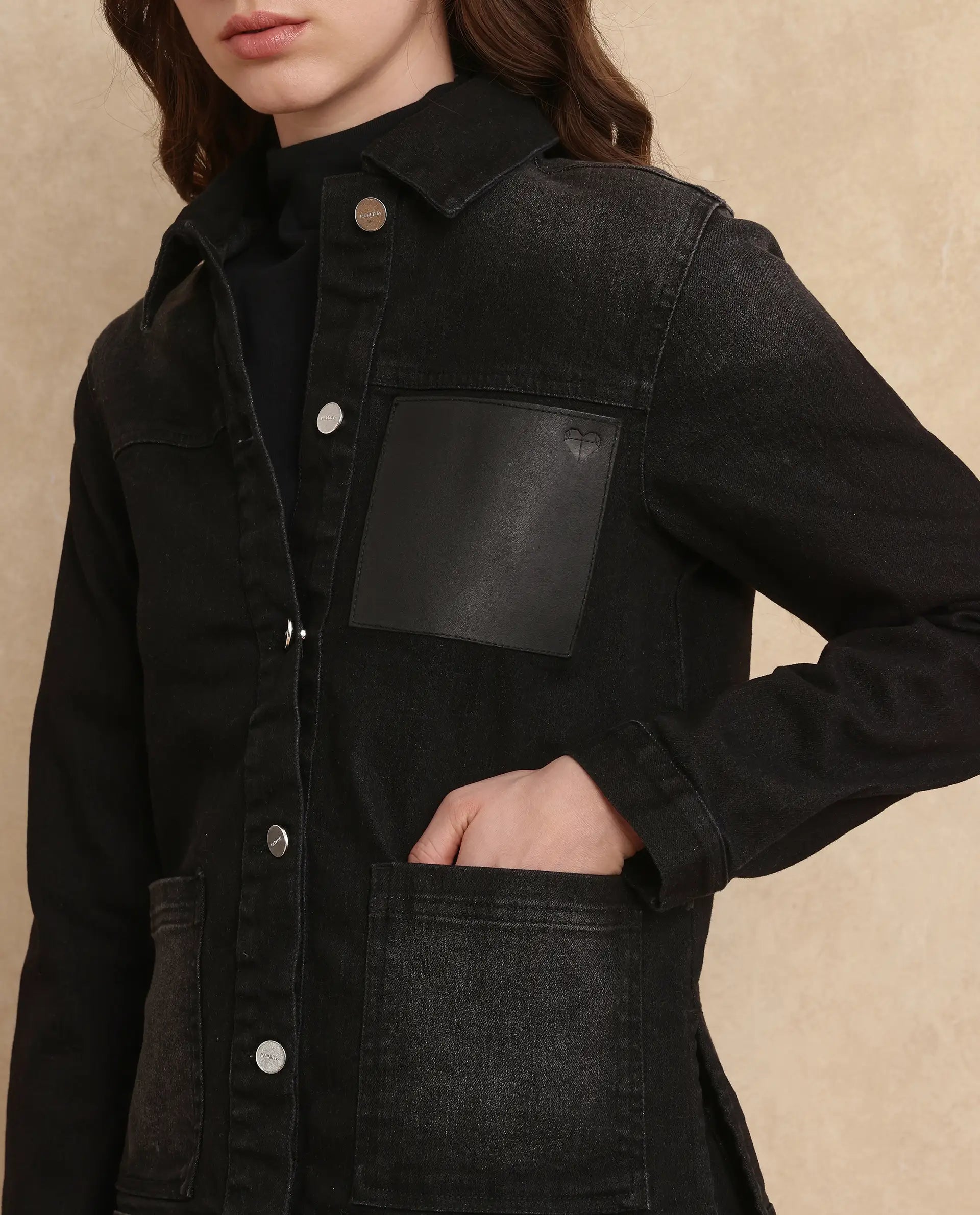 Rareism Women Nexus Black Cotton Polyester Fabric Full Sleeve Collared Neck Boxy Fit Plain Jacket