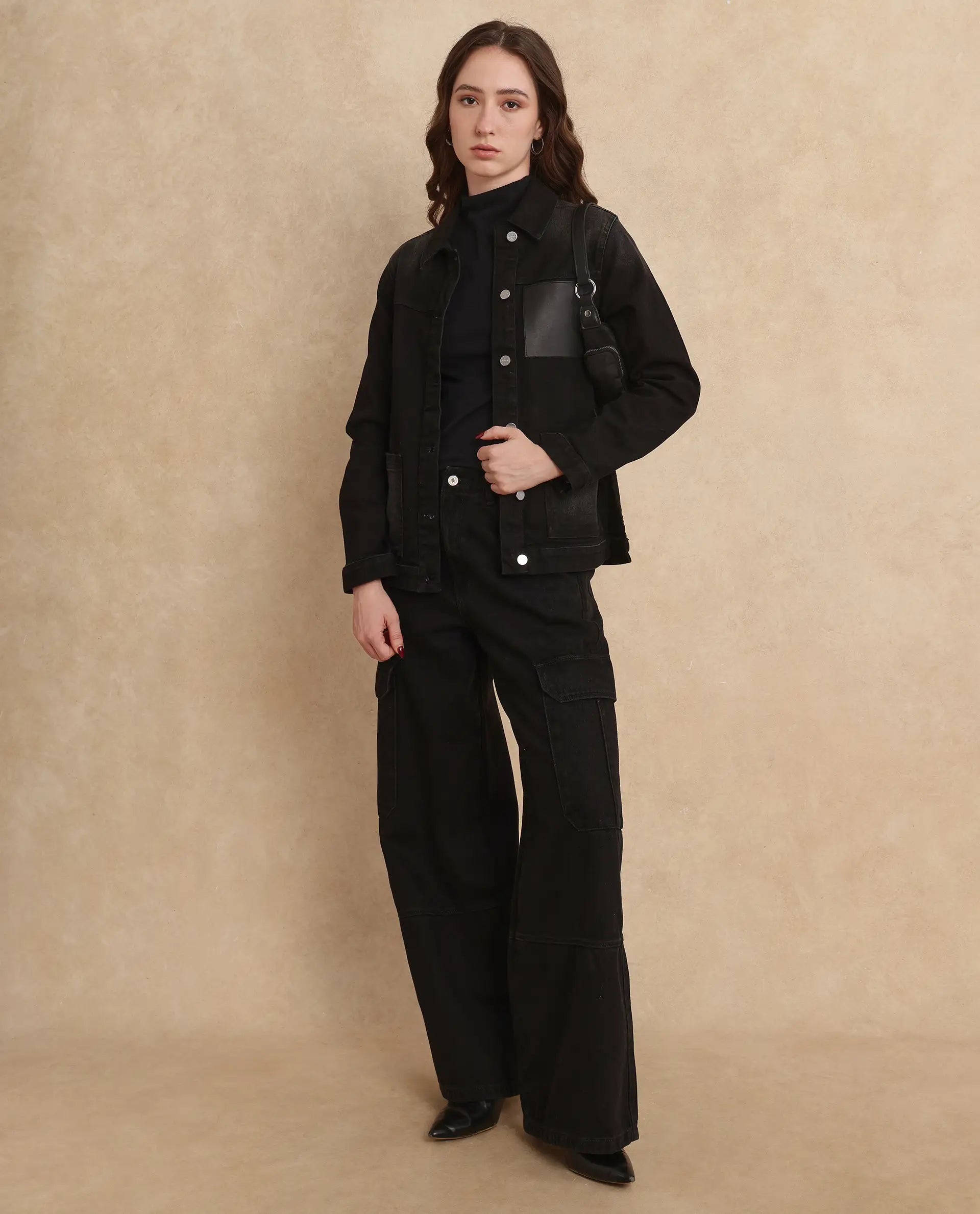 Rareism Women Nexus Black Cotton Polyester Fabric Full Sleeve Collared Neck Boxy Fit Plain Jacket