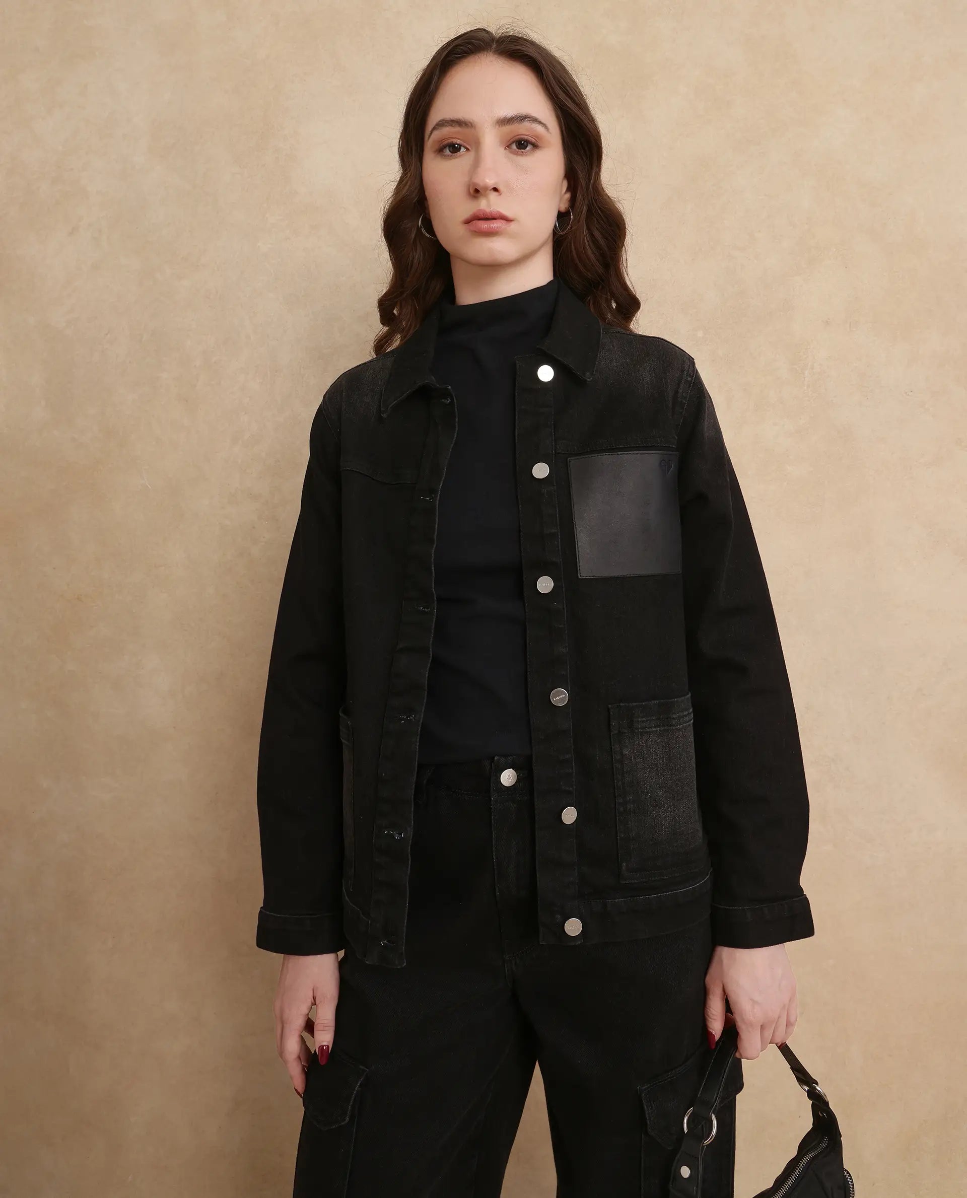 Rareism Women Nexus Black Cotton Polyester Fabric Full Sleeve Collared Neck Boxy Fit Plain Jacket