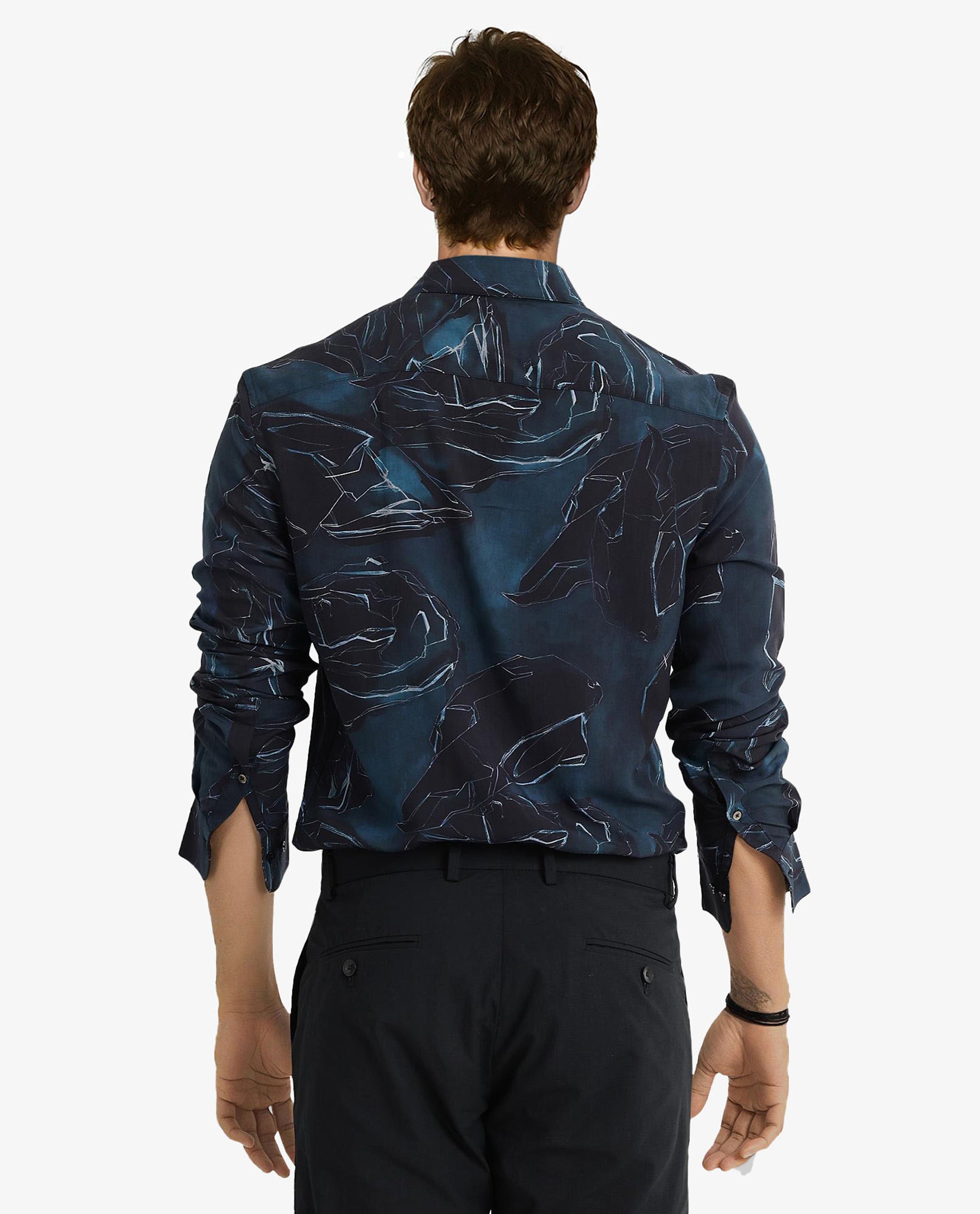 Rare Rabbit Men Nexus Dark Teal Viscose Fabric Full Sleeve Regular Fit Abstract Print Shirt