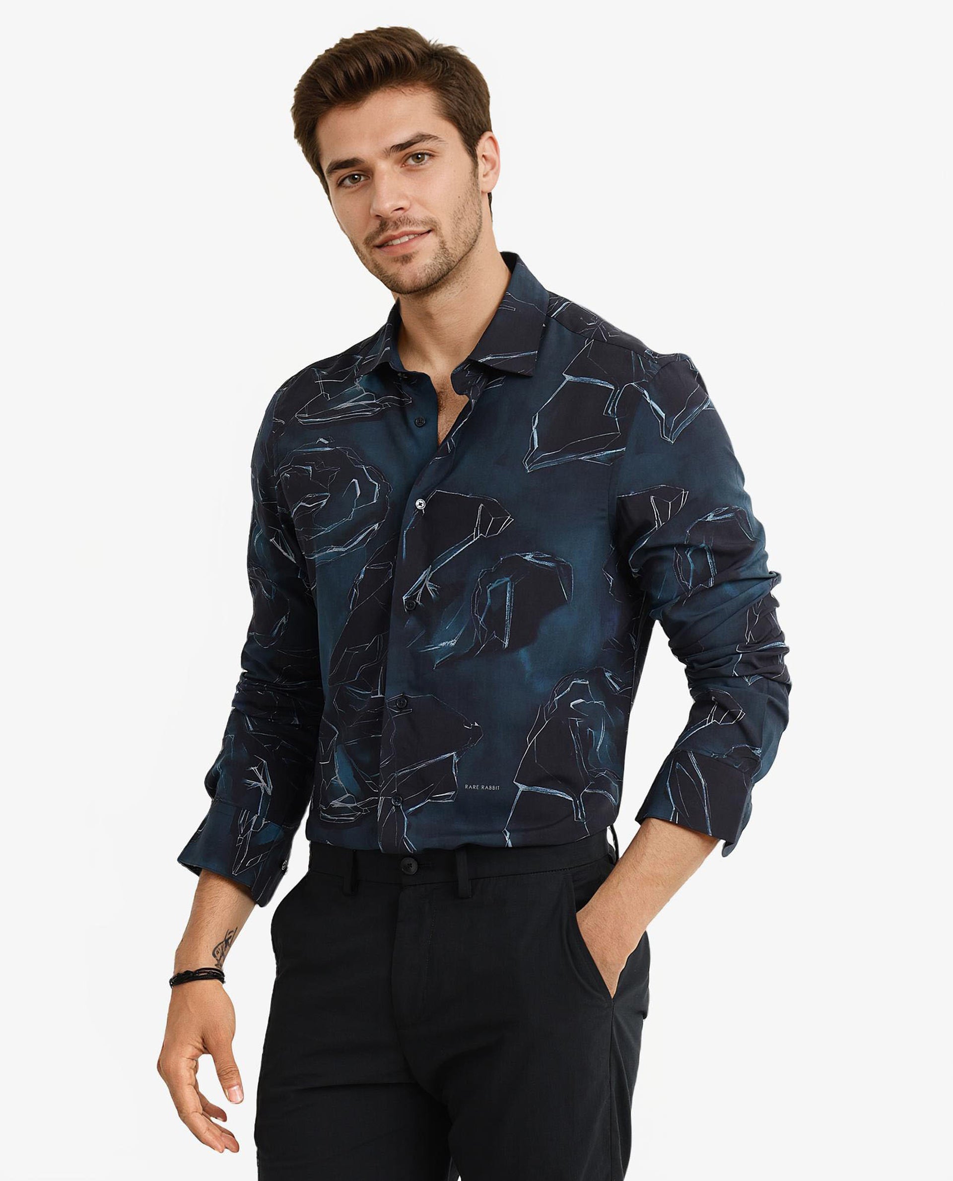 Rare Rabbit Men Nexus Dark Teal Viscose Fabric Full Sleeve Regular Fit Abstract Print Shirt