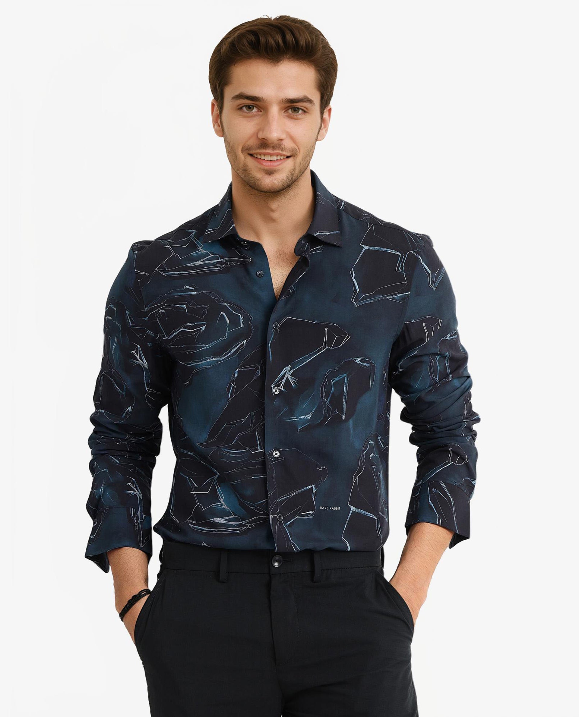 Rare Rabbit Men Nexus Dark Teal Viscose Fabric Full Sleeve Regular Fit Abstract Print Shirt