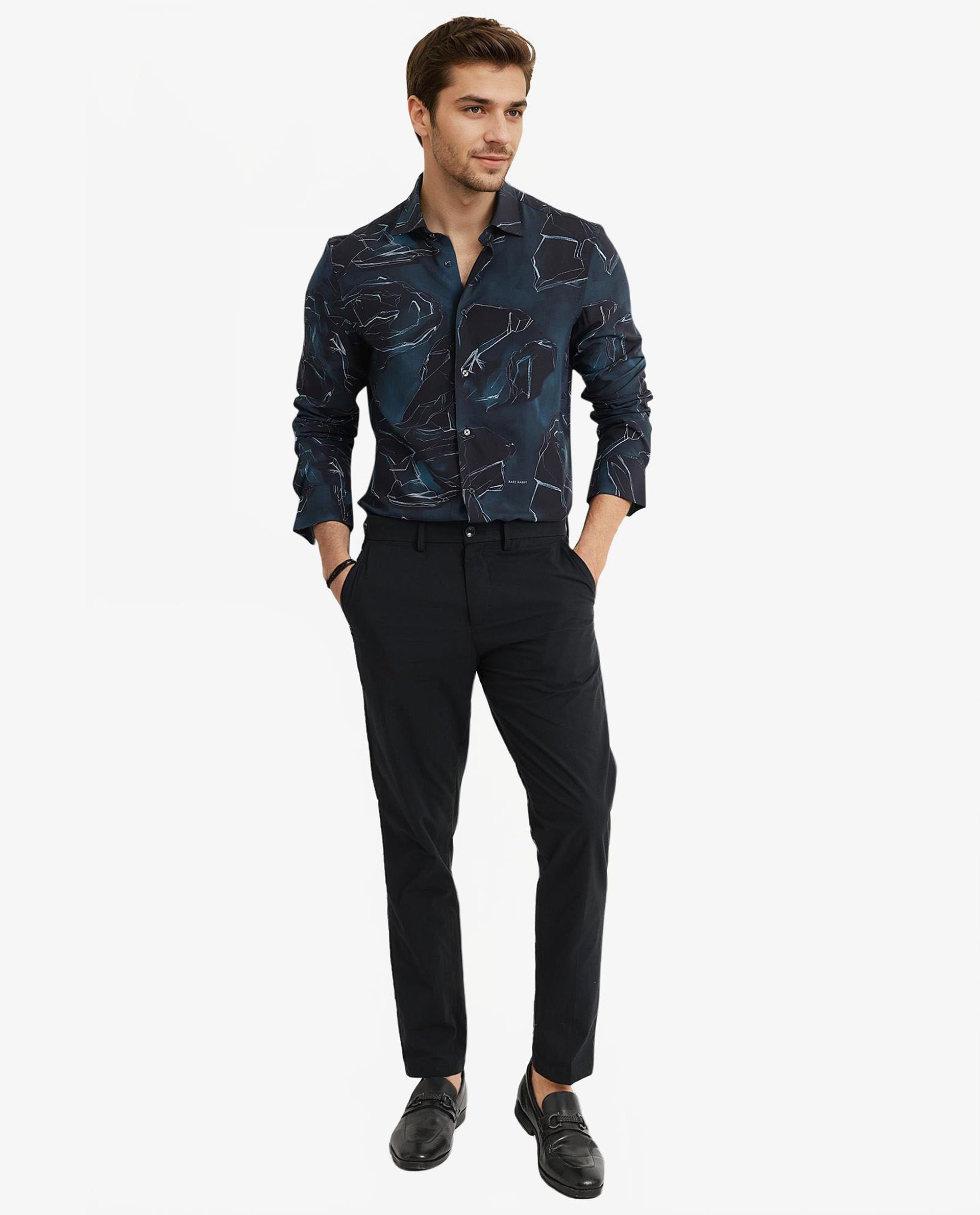 Rare Rabbit Men Nexus Dark Teal Viscose Fabric Full Sleeve Regular Fit Abstract Print Shirt