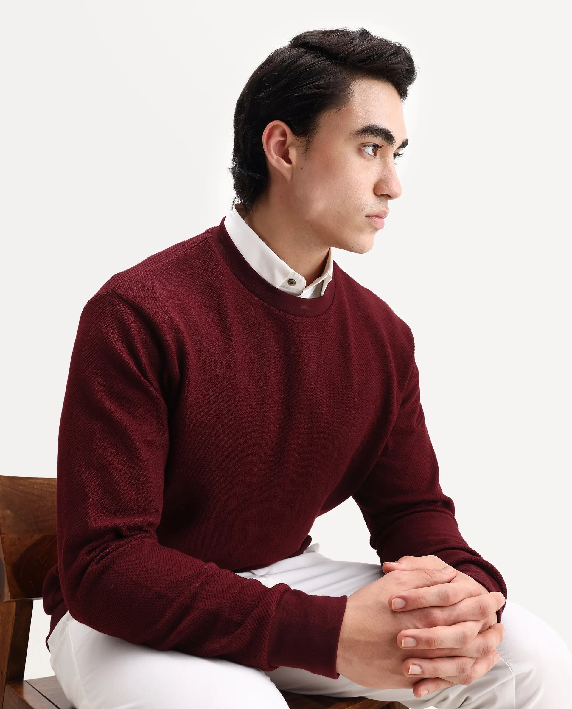 Rare Rabbit Men's Nial Dark Red Polyester Plain Regular Fit Full Sleeve Crew Neck Sweatshirt