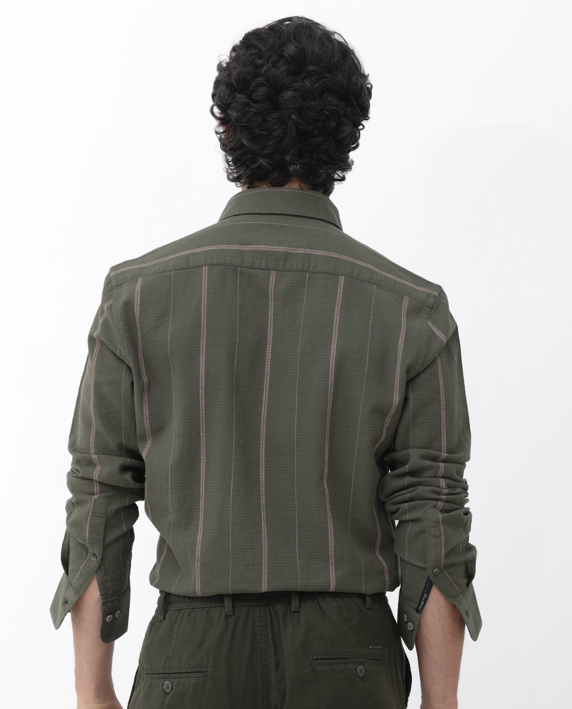 Rare Rabbit Mens Nico Olive Full Sleeve Cotton Fabric Stripe Print Shirt